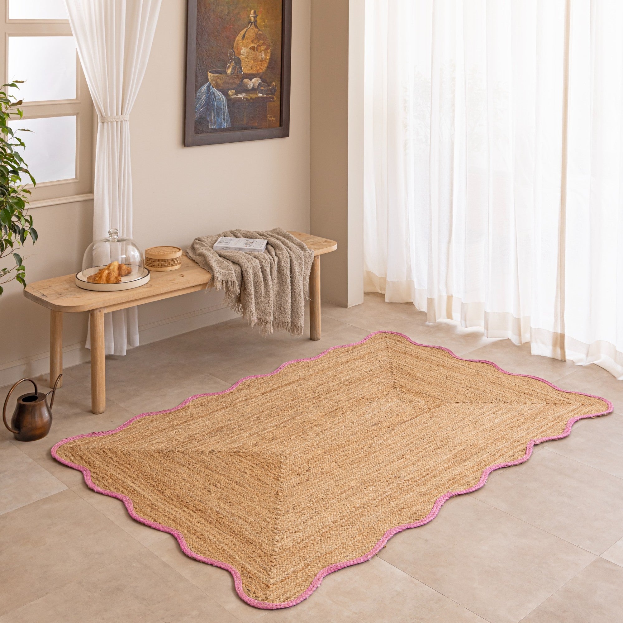 Handwoven Jute Area Rug with Pink Scalloped Border Natural Fiber Bohemian Floor Mat