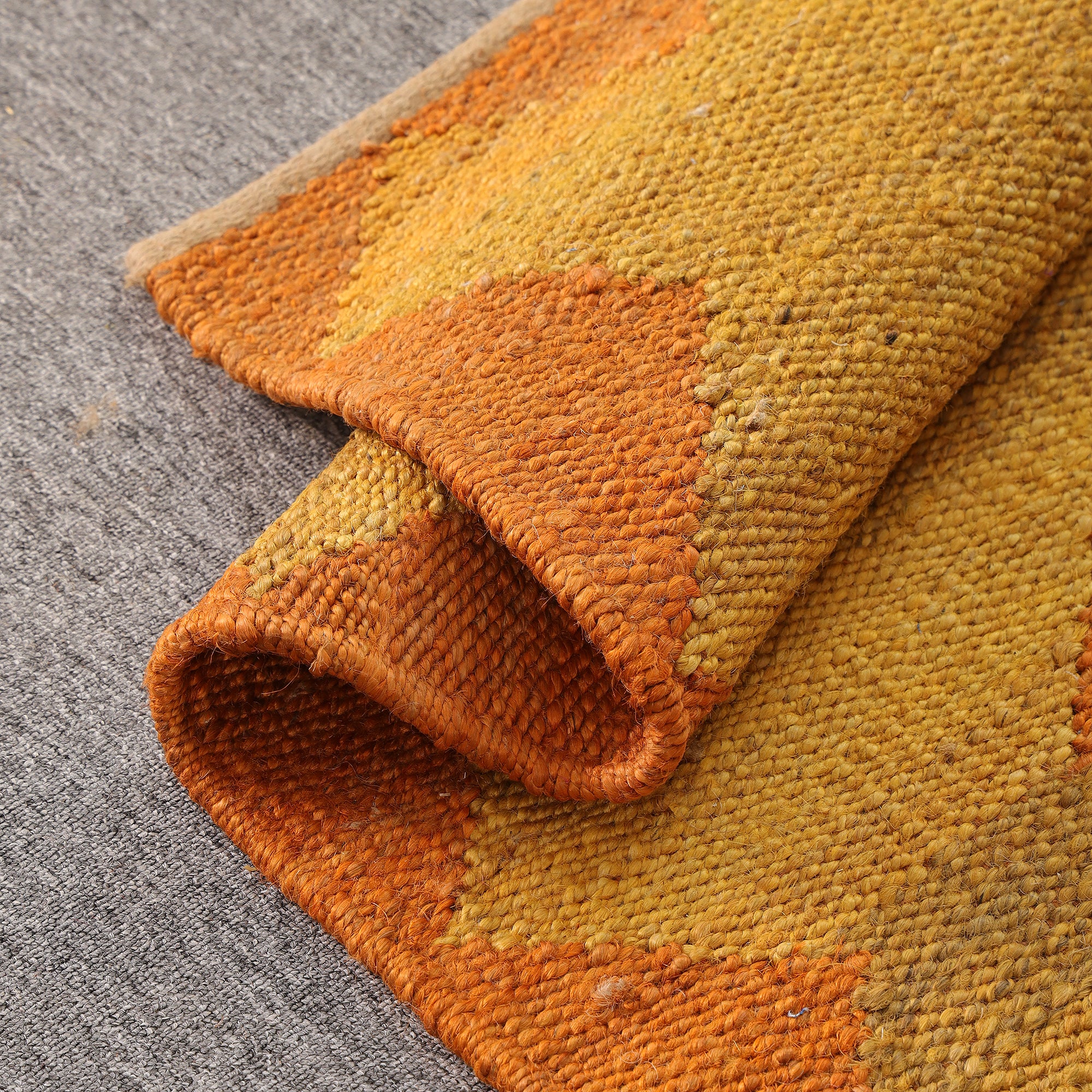 Handwoven Jute Area Rug โ Mustard & Orange Geometric Pattern | Eco-Friendly Boho Living Room Carpet | RugzCraft