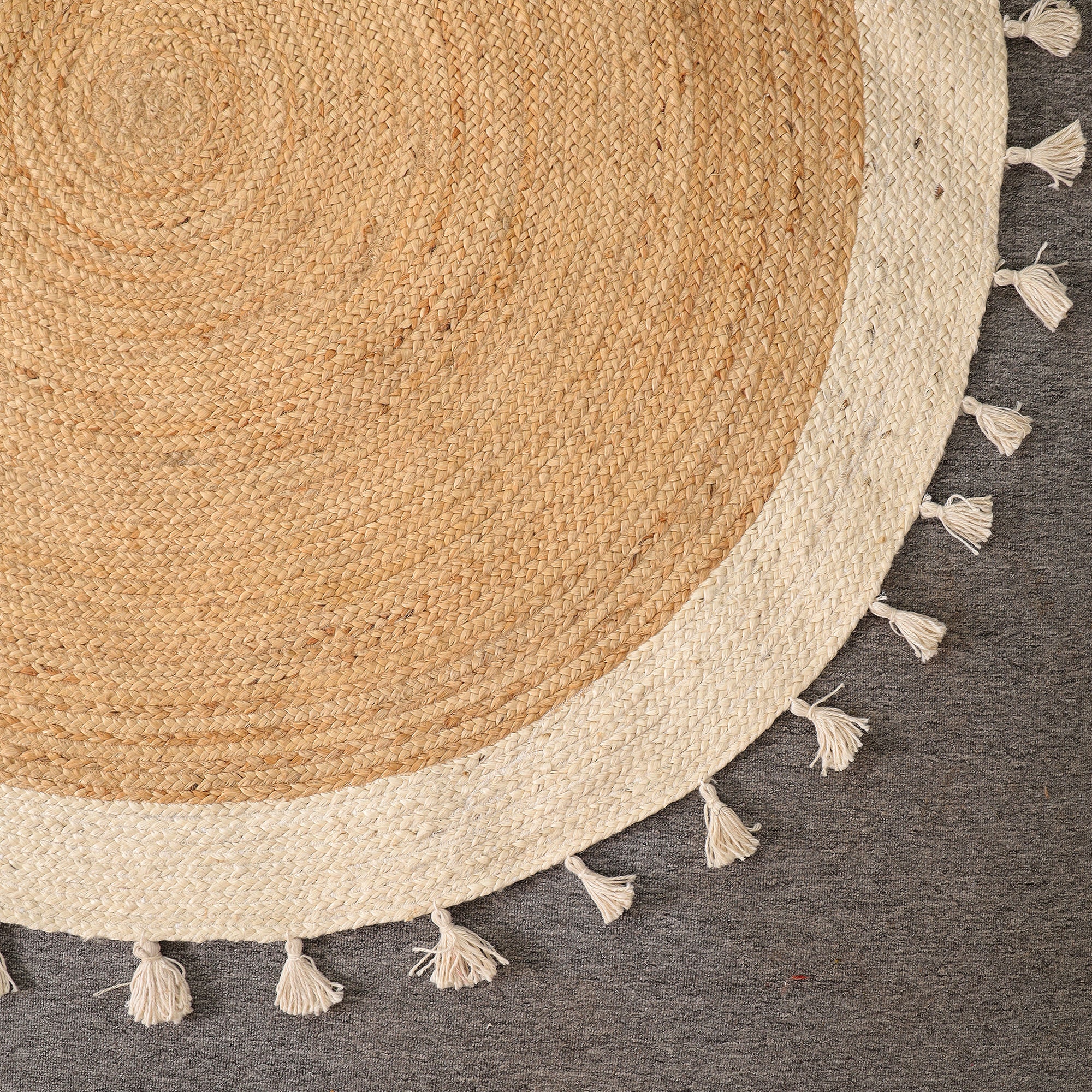 Handwoven Round Jute Rug with Cotton Border & Tassels – Natural Boho Area Rug for Living Room & Bedroom