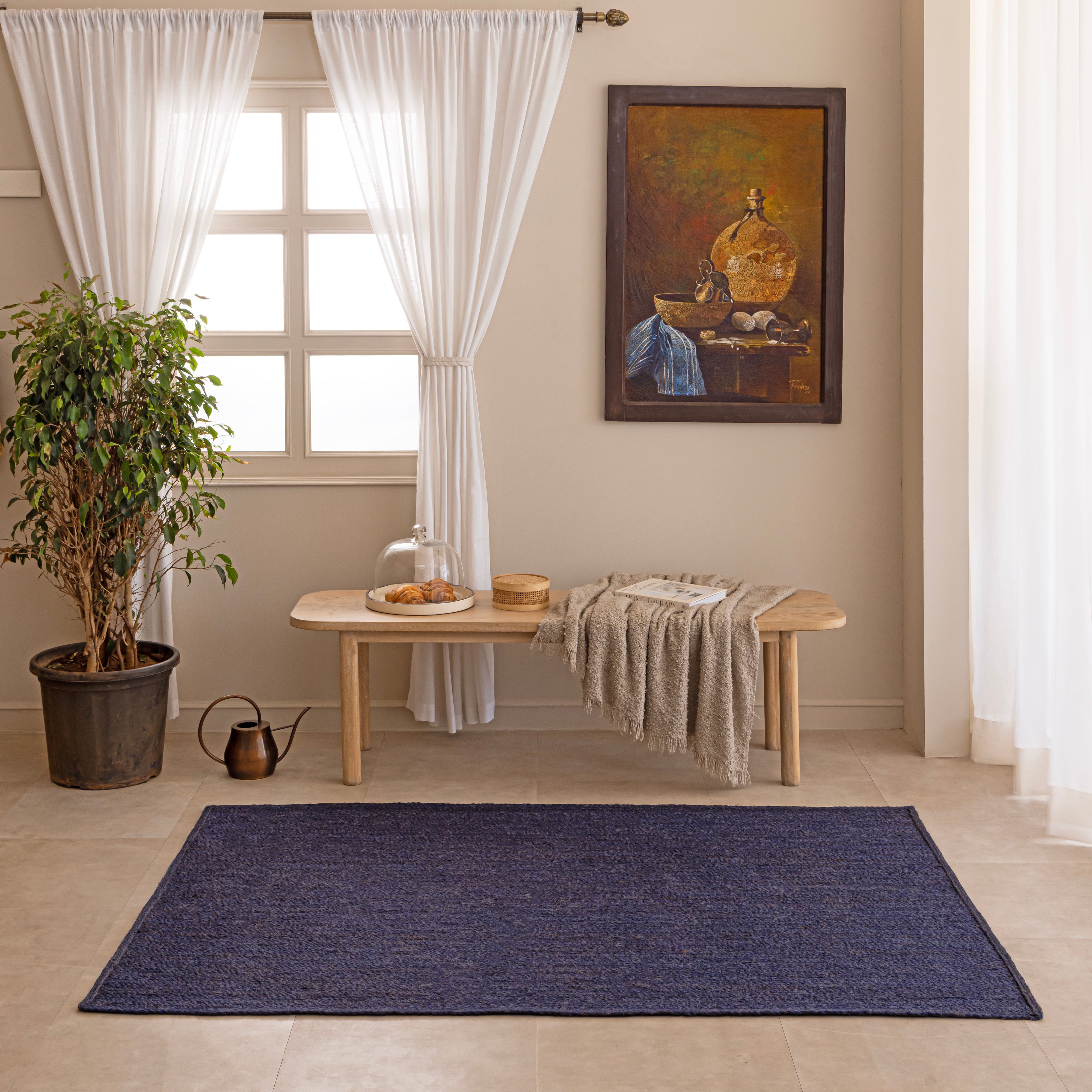 Deep Blue Braided Jute Rug Minimalist Modern Boho Decor Accent