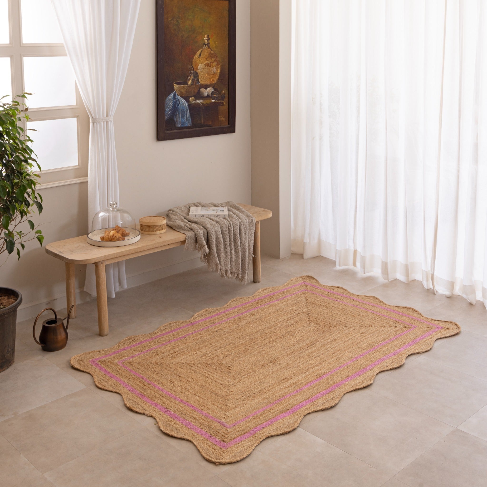 Handmade Jute Rug with Pink Border - Natural Boho Area Rug