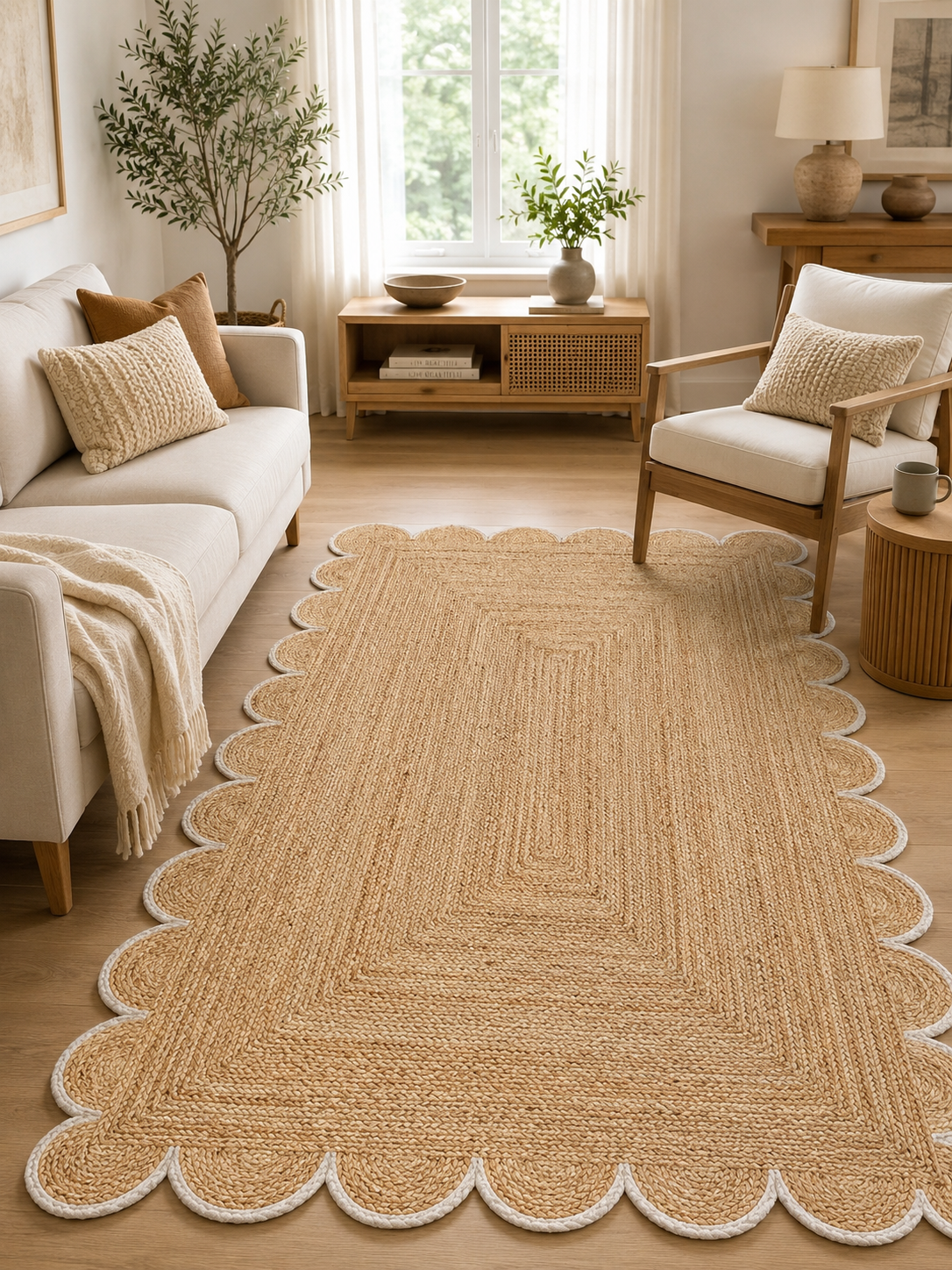 Handmade Natural Jute Scalloped Border Area Rug with White Trim