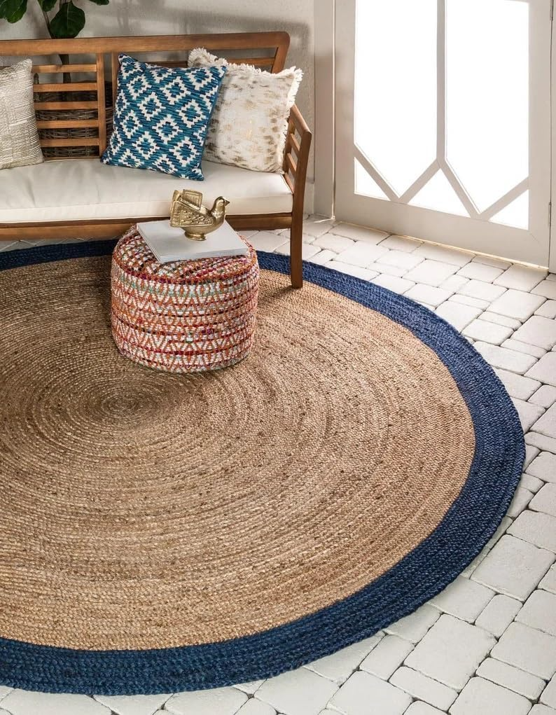 Handmade Natural Jute Round Rug with Navy Blue Border Braided Boho Area Rug