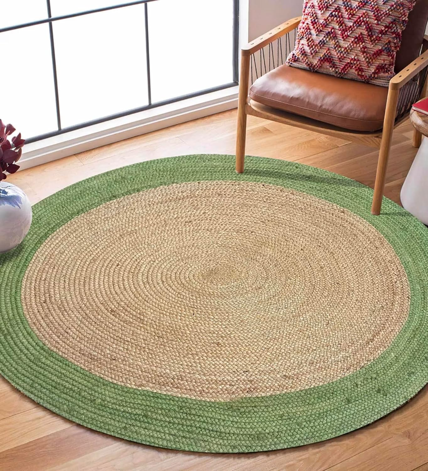 Round Green & Natural Jute Rug - Handwoven Oval Area Rug Boho Farmhouse Living