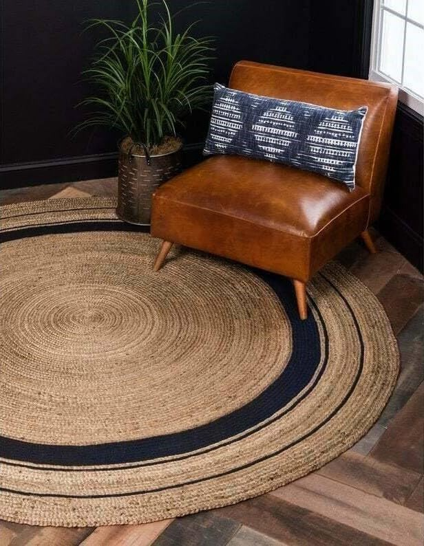 Black Jute Rug Natural Braided Area Rug Black and Tan Boho Rug Farmhouse Living Room Rug