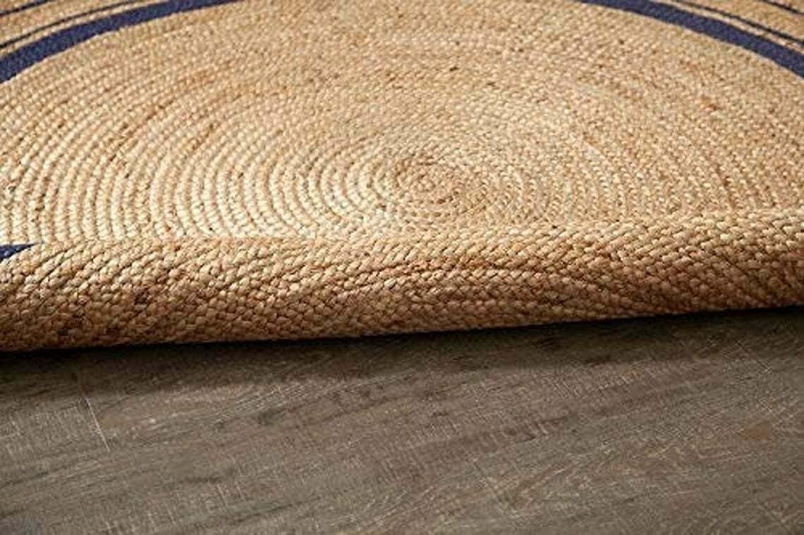 Navy Blue Jute Round Rug Natural Area Rug Boho Farmhouse Living Room Rug