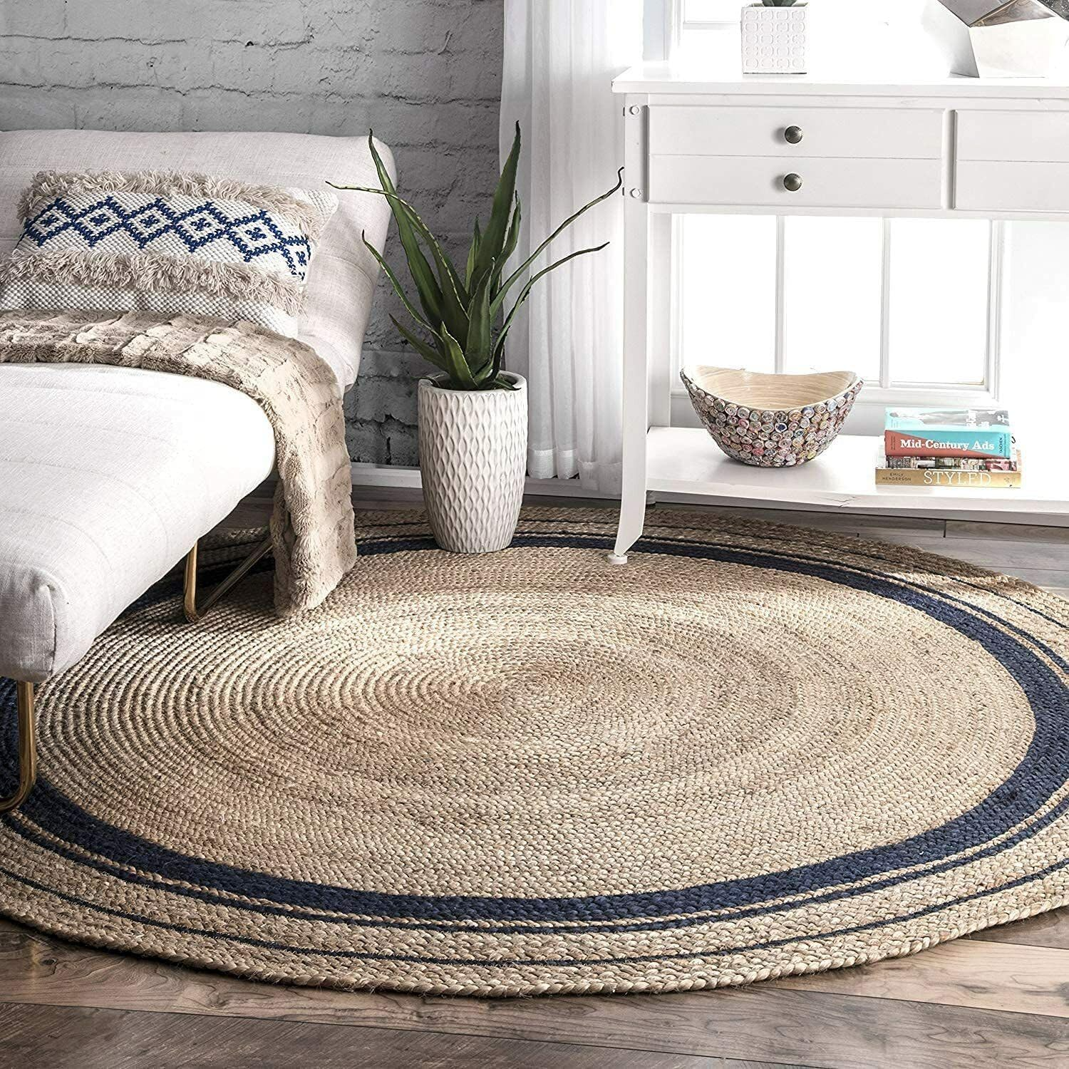 Black Jute Rug Natural Braided Area Rug Black and Tan Boho Rug Farmhouse Living Room Rug