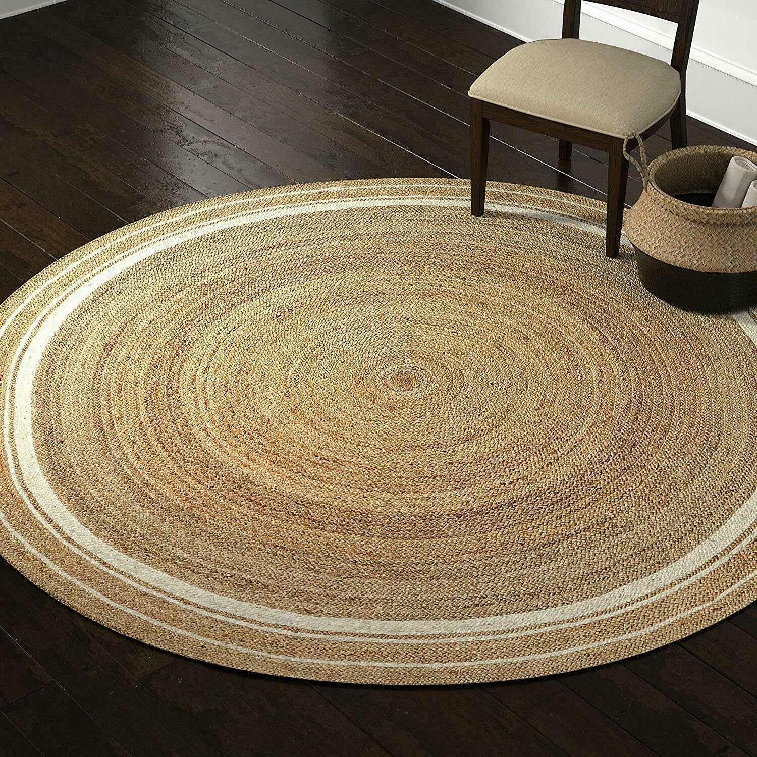 Natural Jute Round Rug Cream Braided Area Rug Boho Farmhouse Rug