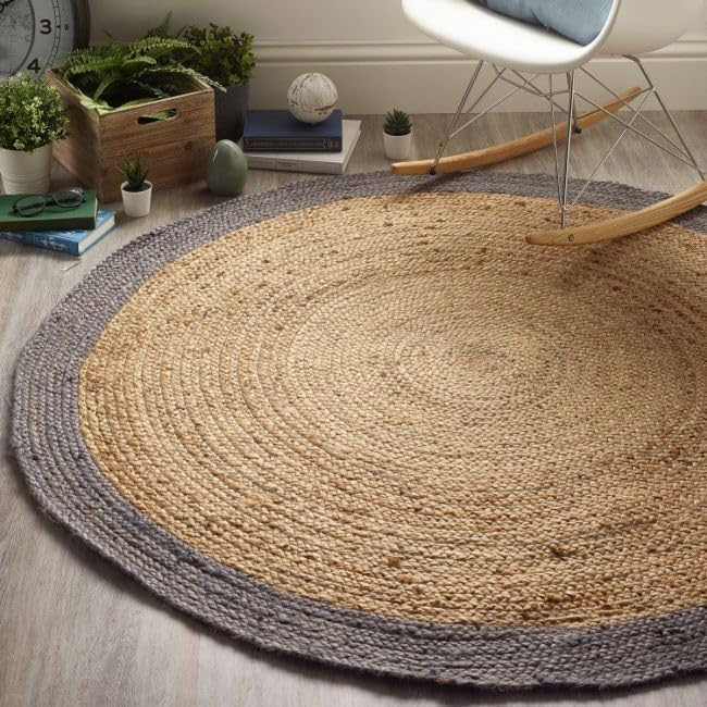 Handmade Round Jute Rug with Grey Border Natural Braided Area for Living Room