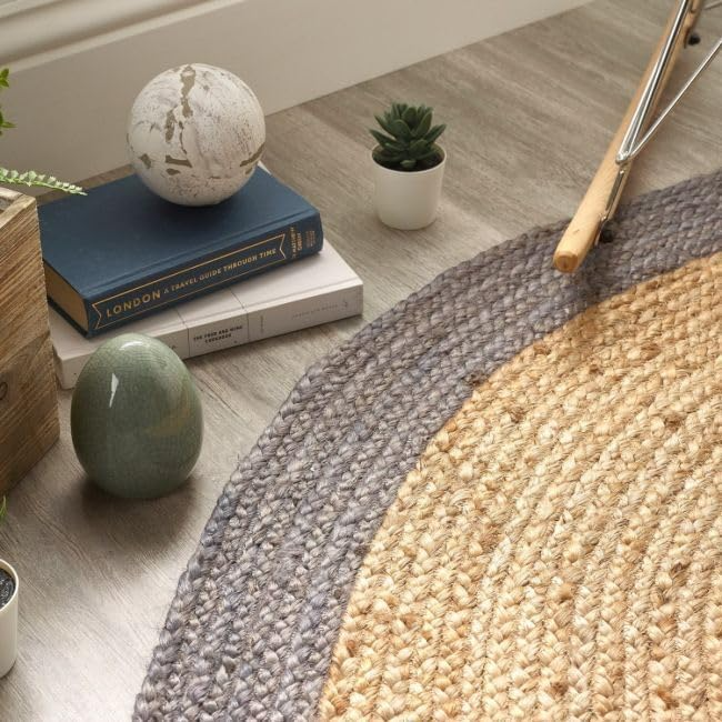 Handmade Round Jute Rug with Grey Border Natural Braided Area for Living Room