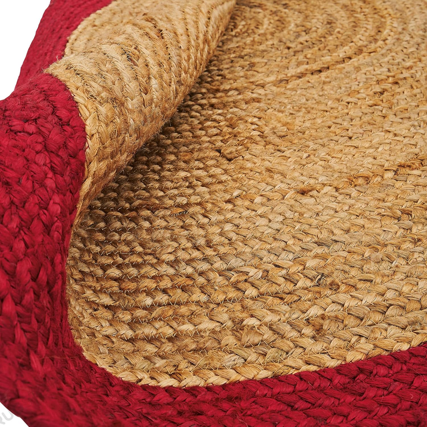 Red Jute Round Rug Natural Braided Area Rug Red Border Boho Rug Farmhouse Living Room Rug, Handmade Woven Rug