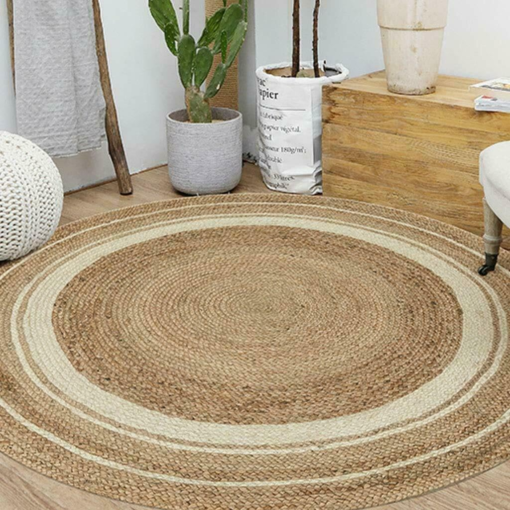 Natural Jute Round Rug Cream Braided Area Rug Boho Farmhouse Rug