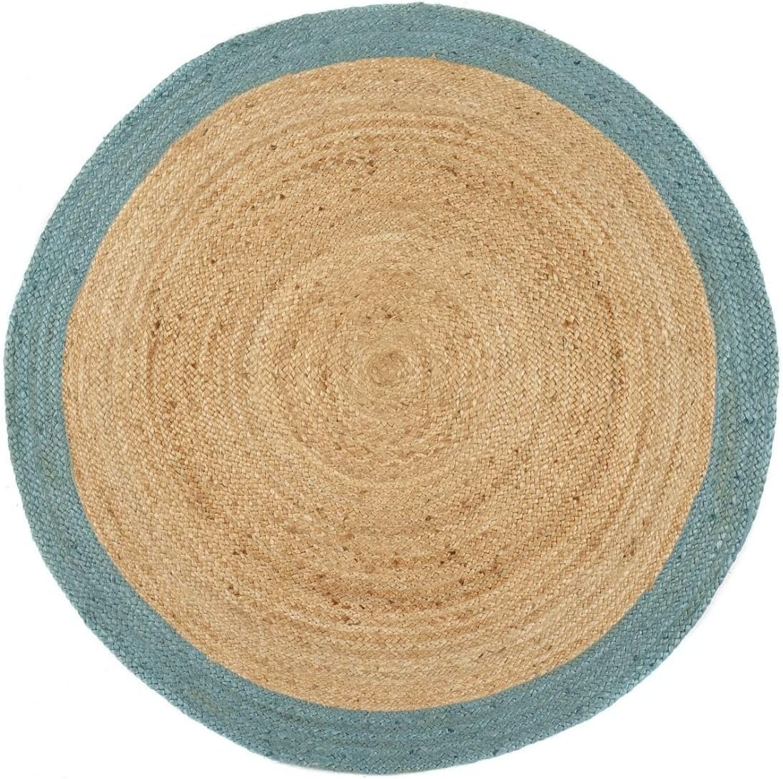 Handmade Round Jute Rug with Soft Blue Border Natural Braided Area Rug for Living Room