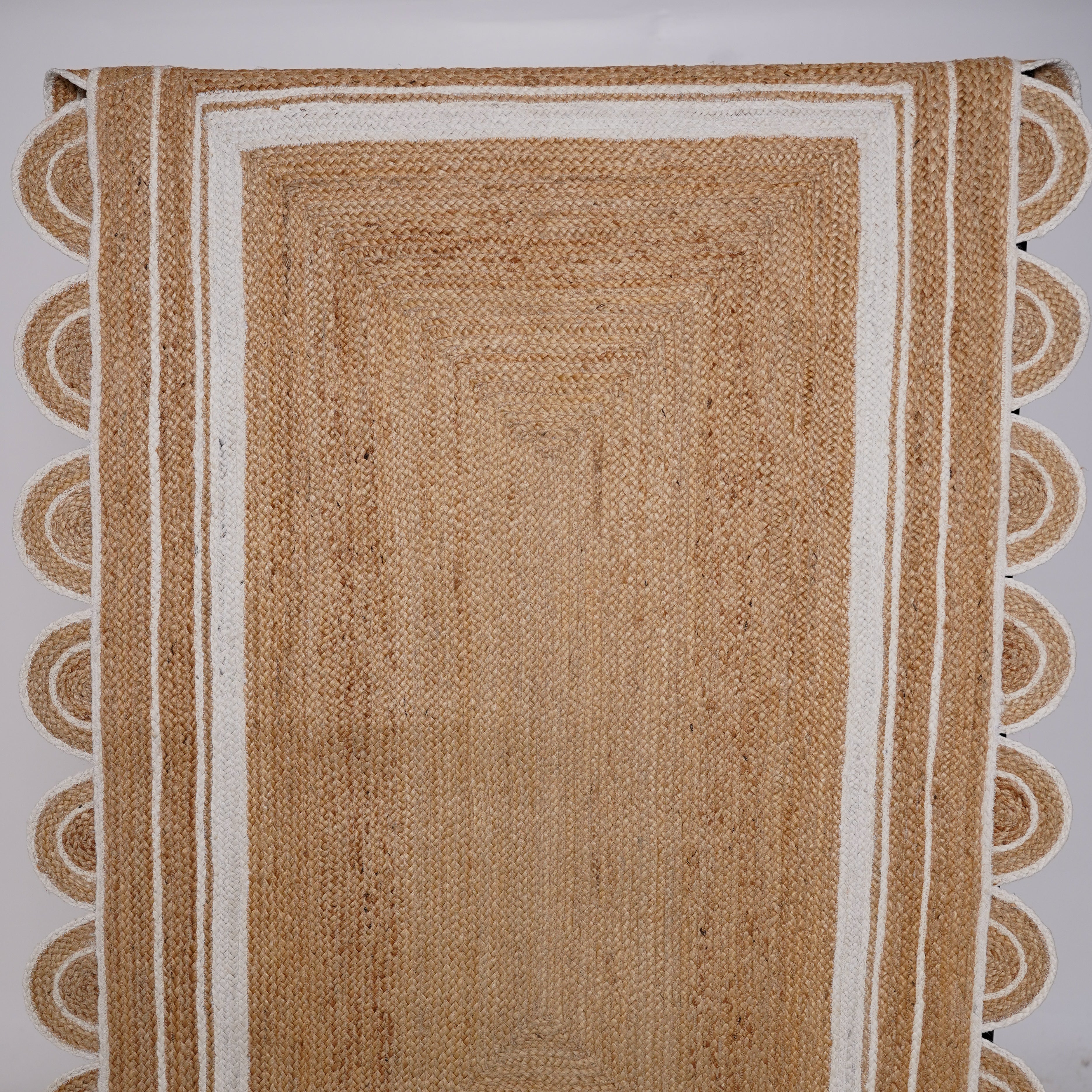 Scalloped Edged Handwoven Hemp Area Rug - Natural & Ivory Accents