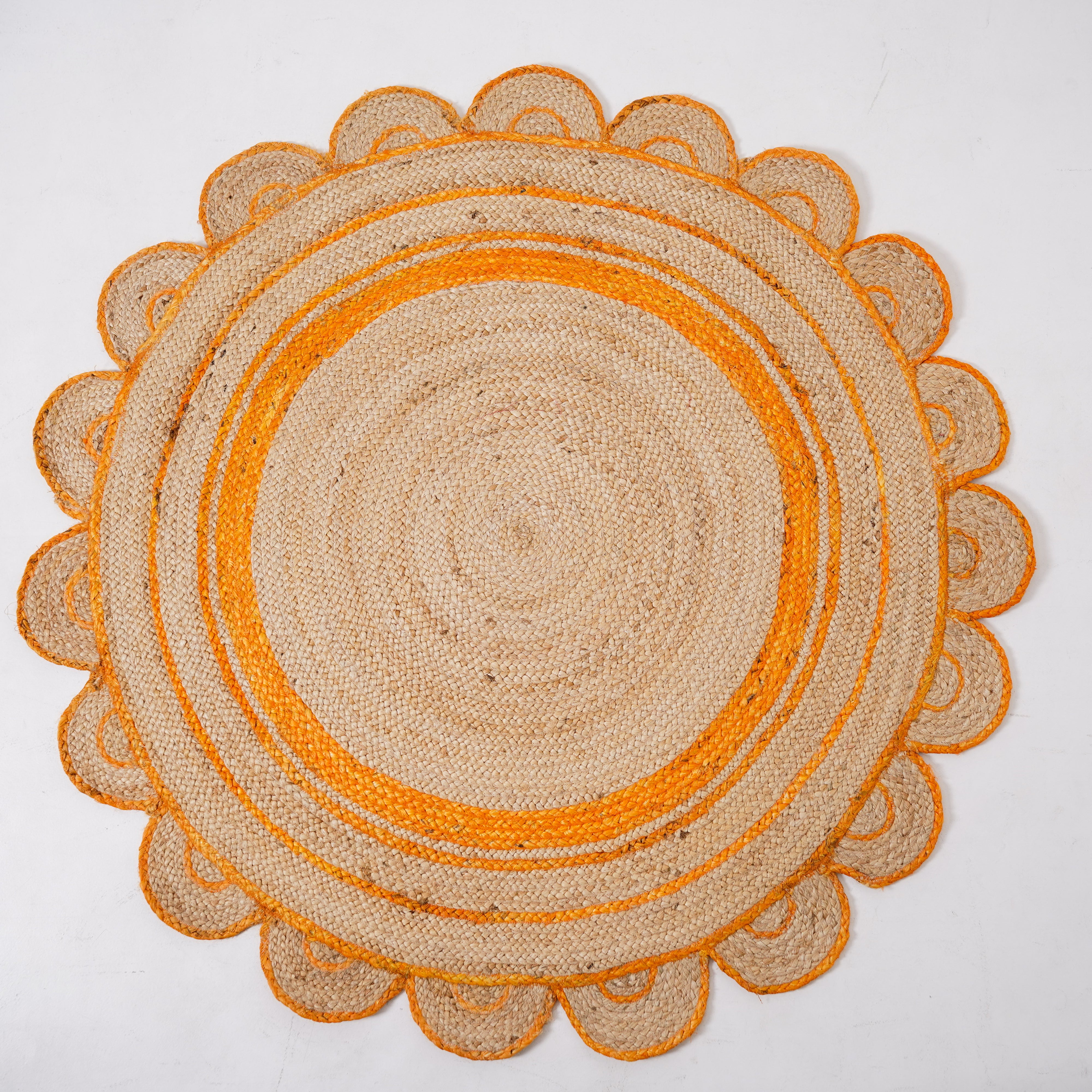 Hand-Braided Scalloped Round Hemp Area Rug with Warm Orange Accent | Natural Fiber Boho Rug