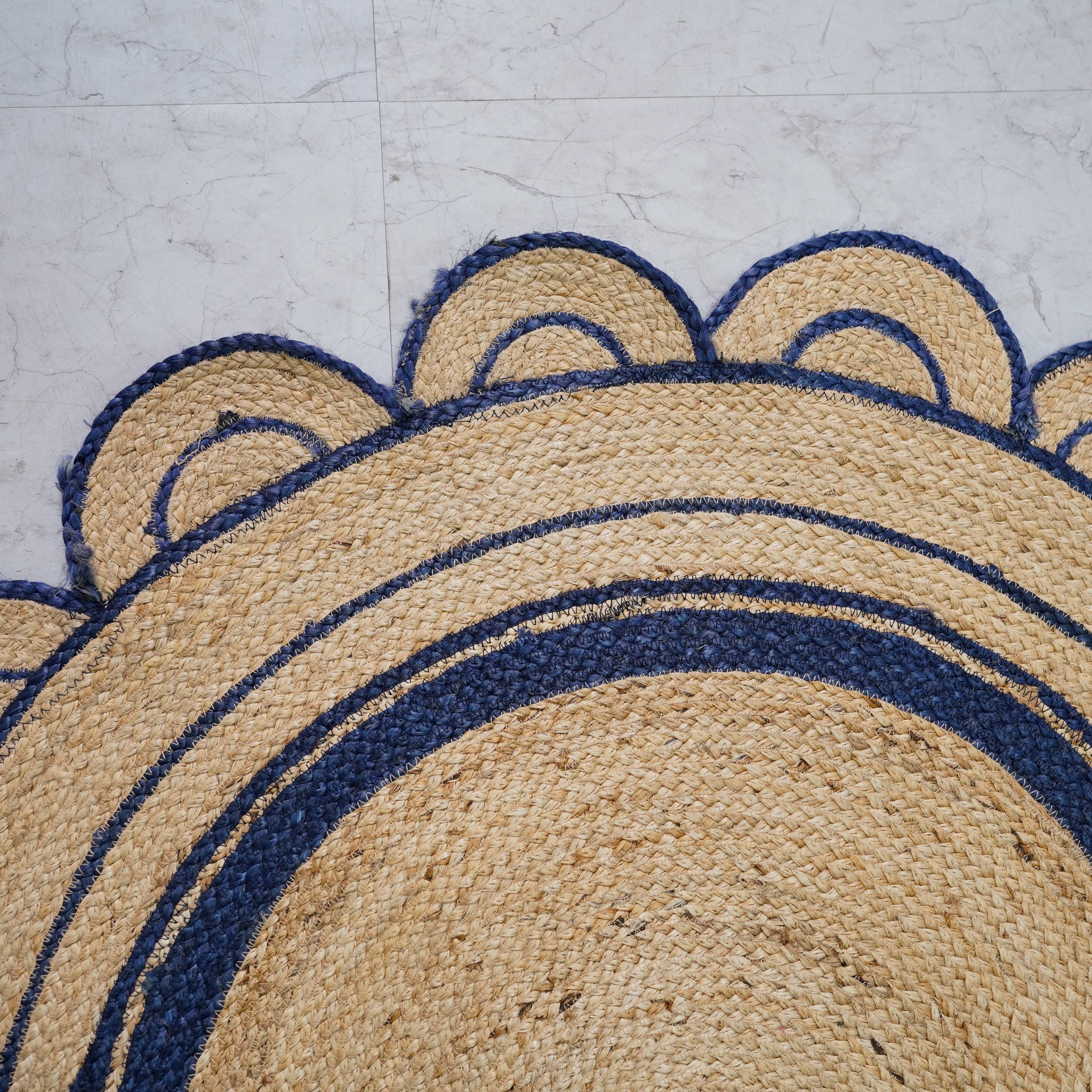 Hand braided Round Scalloped Hemp Rug with Navy Accents