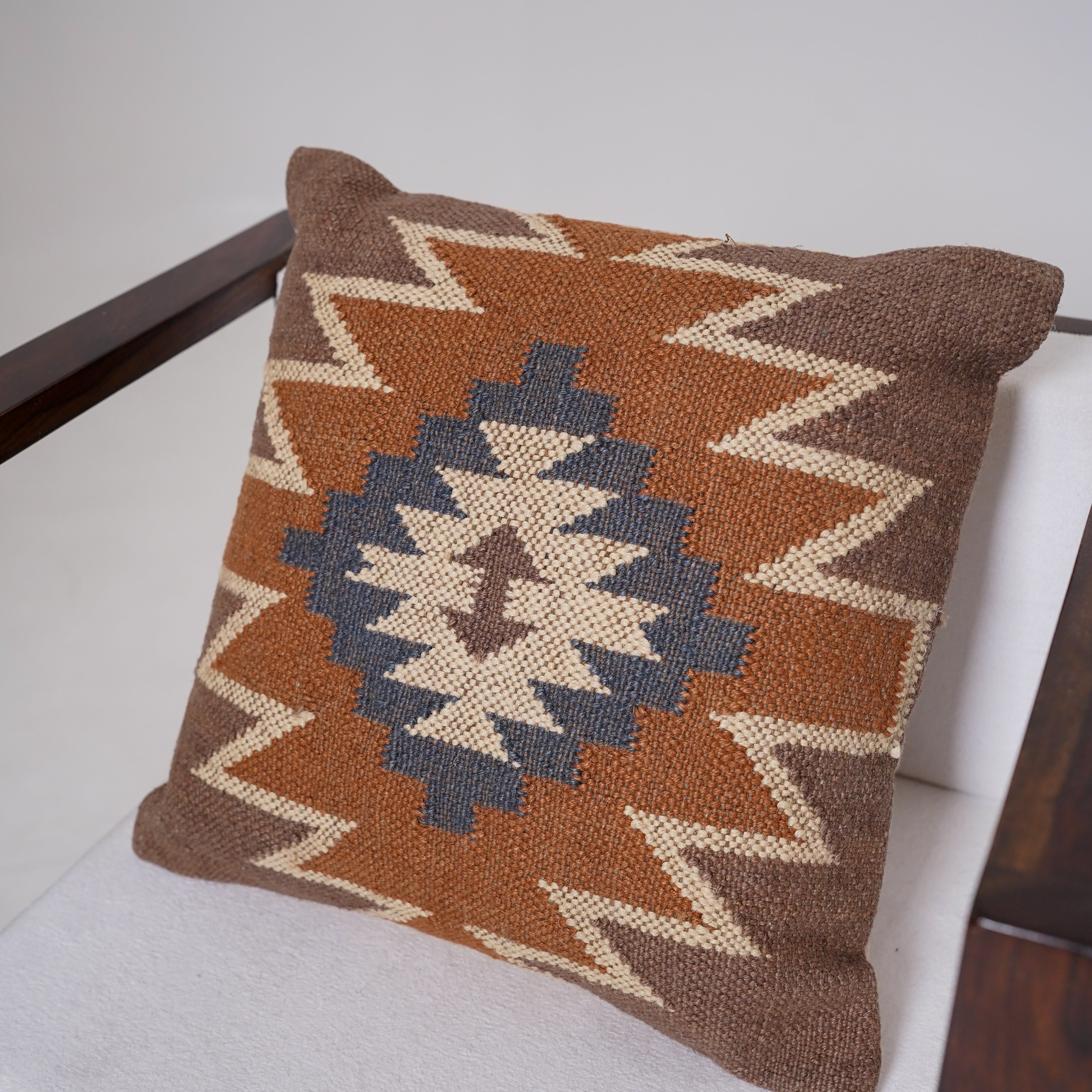 Handwoven Southwestern Kilim Cushion Cover Brown & Blue Tribal Cotton Throw Pillow