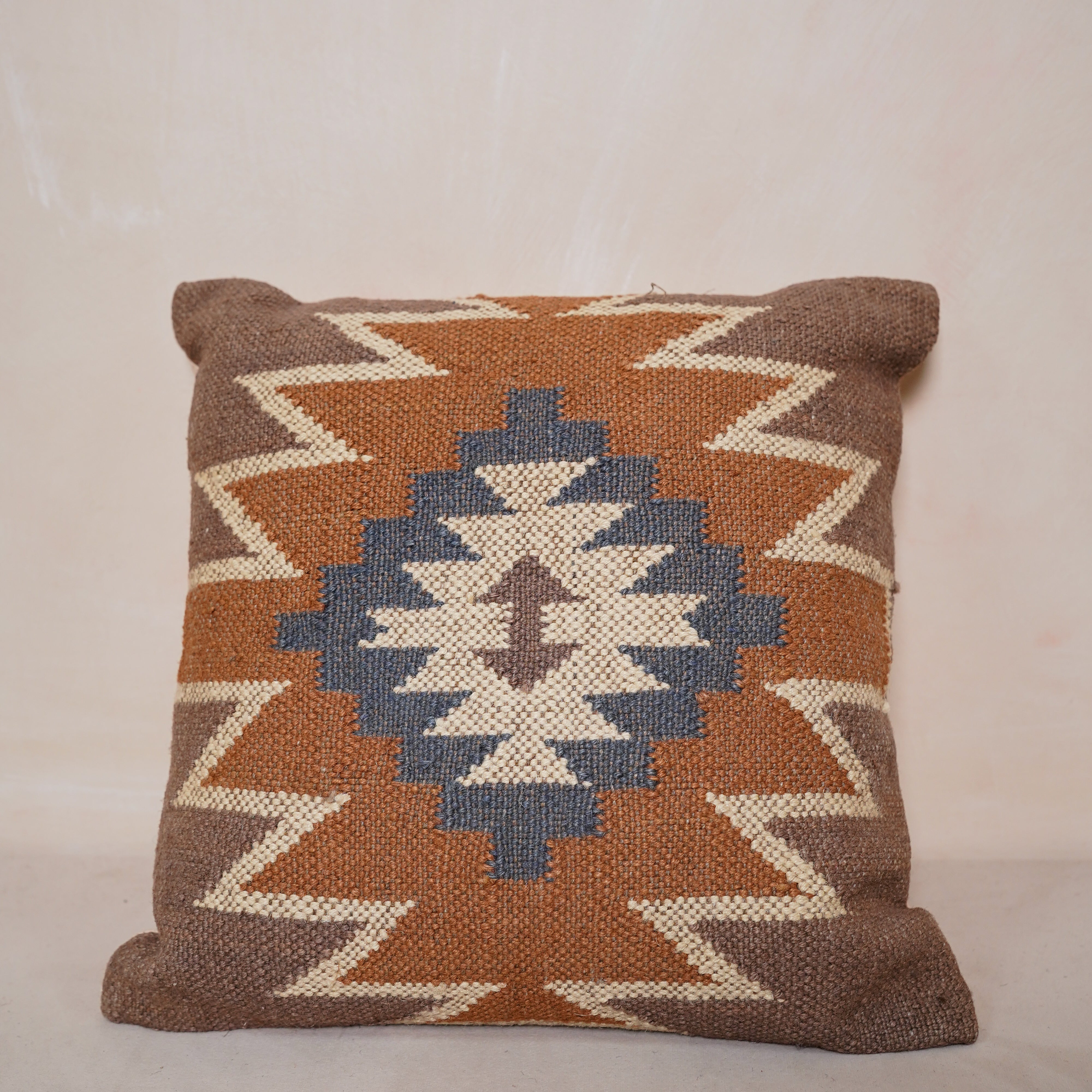 Handwoven Southwestern Kilim Cushion Cover Brown & Blue Tribal Cotton Throw Pillow