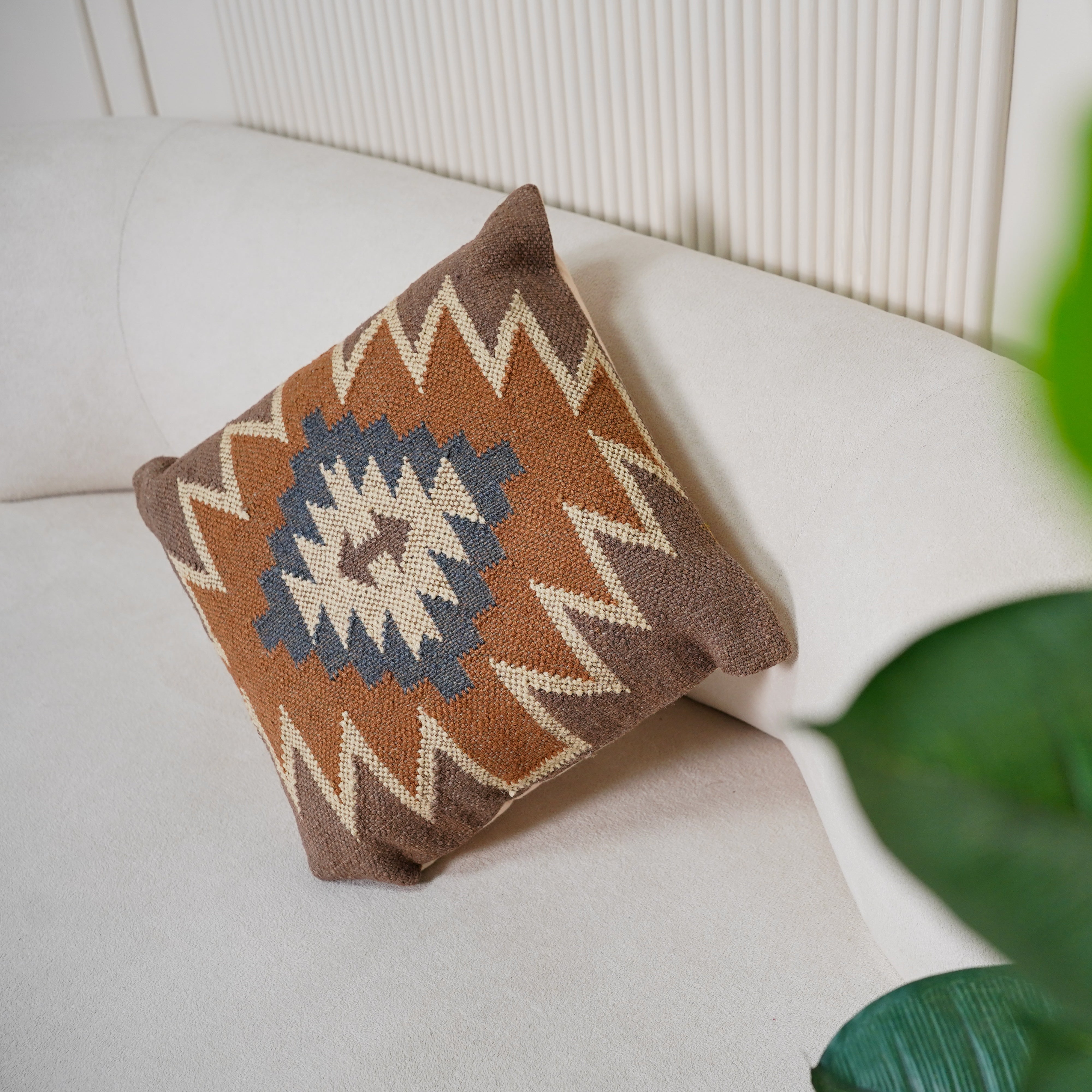 Handwoven Southwestern Kilim Cushion Cover Brown & Blue Tribal Cotton Throw Pillow