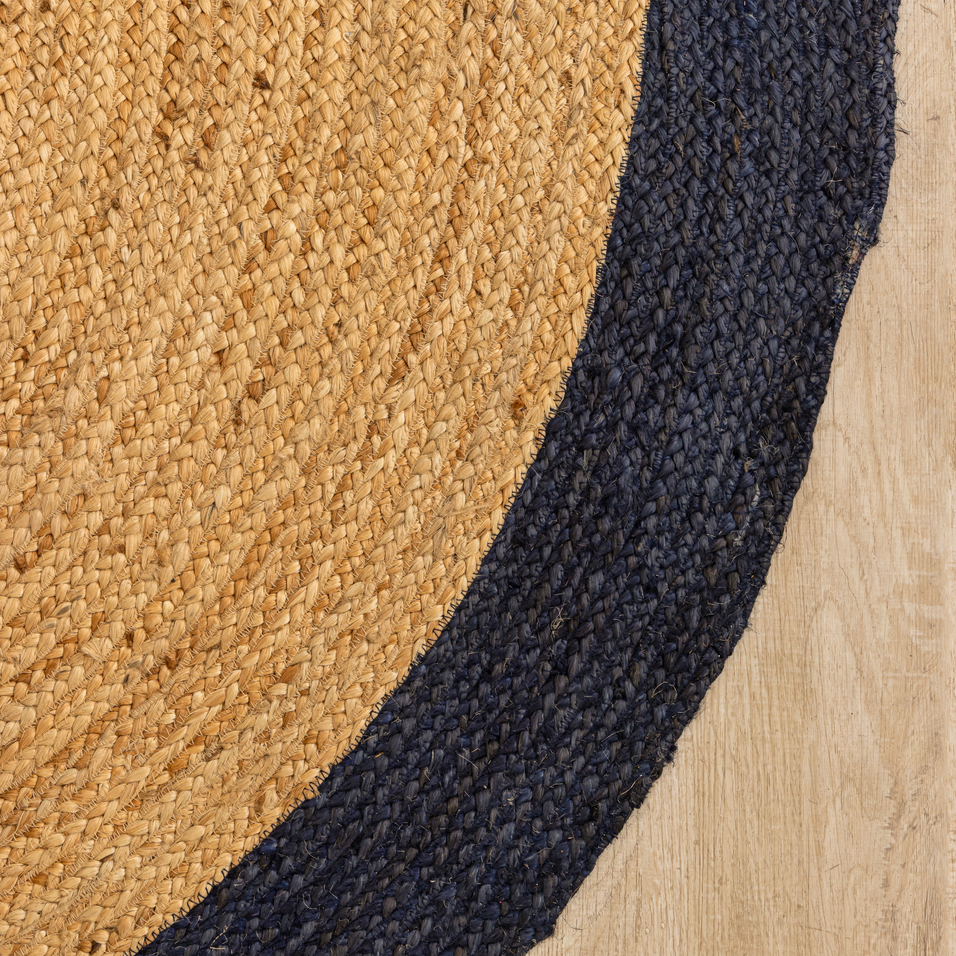 Handwoven Round Jute Rug with Navy Blue Border - Natural Braided Boho Area Rug