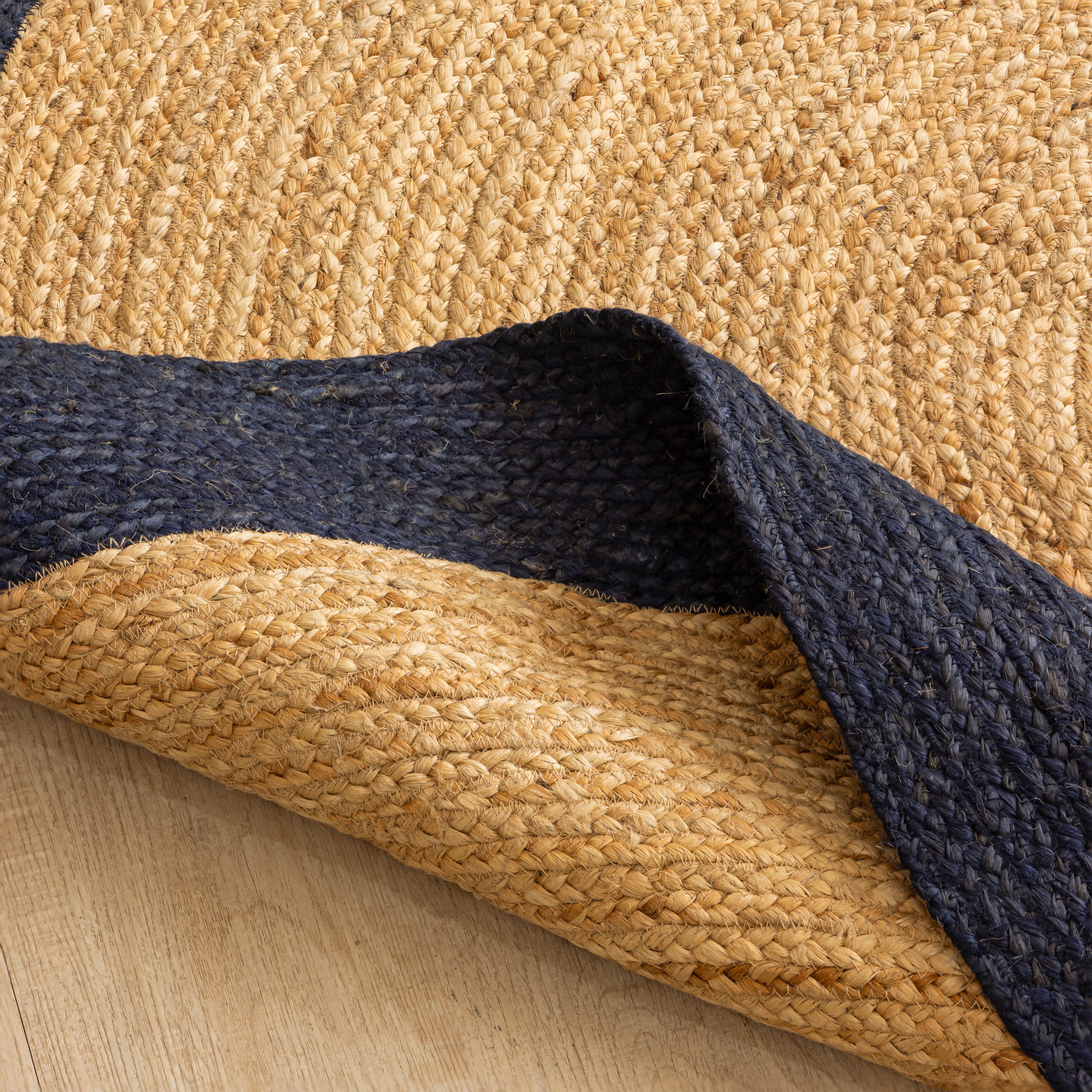 Handwoven Round Jute Rug with Navy Blue Border - Natural Braided Boho Area Rug