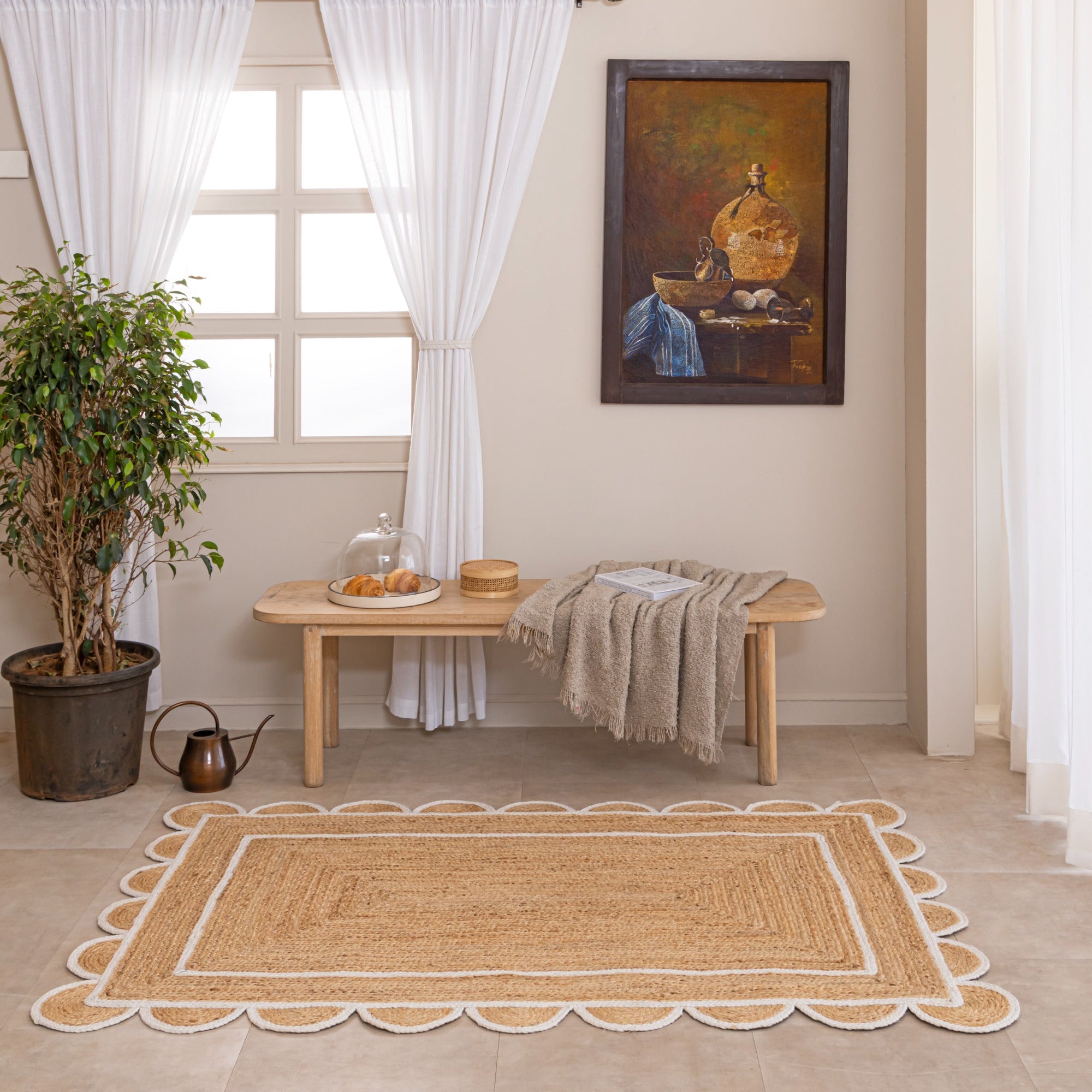 Handmade Jute Area Rug with Scalloped Border Natural Woho Woven Rug