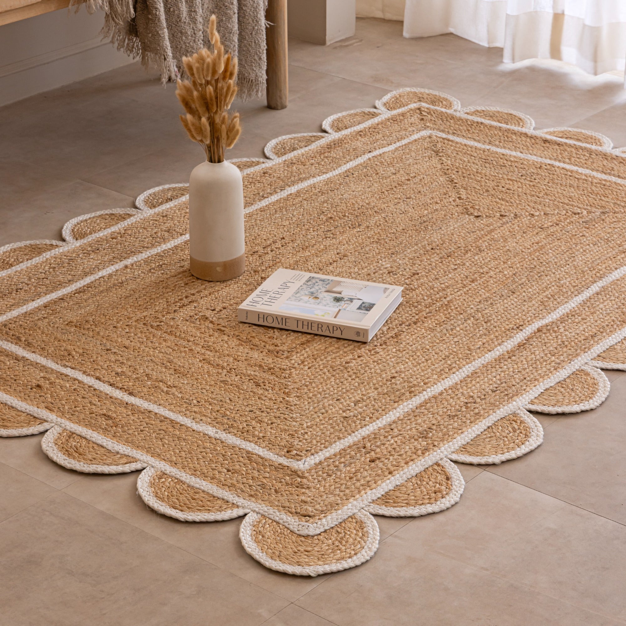 Handmade Jute Area Rug with Scalloped Border Natural Woho Woven Rug