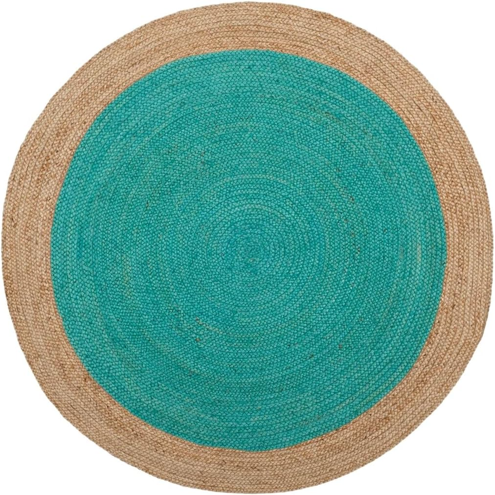 Turquoise Round Braided Jute Rug - Handmade Natural Border Area Rug