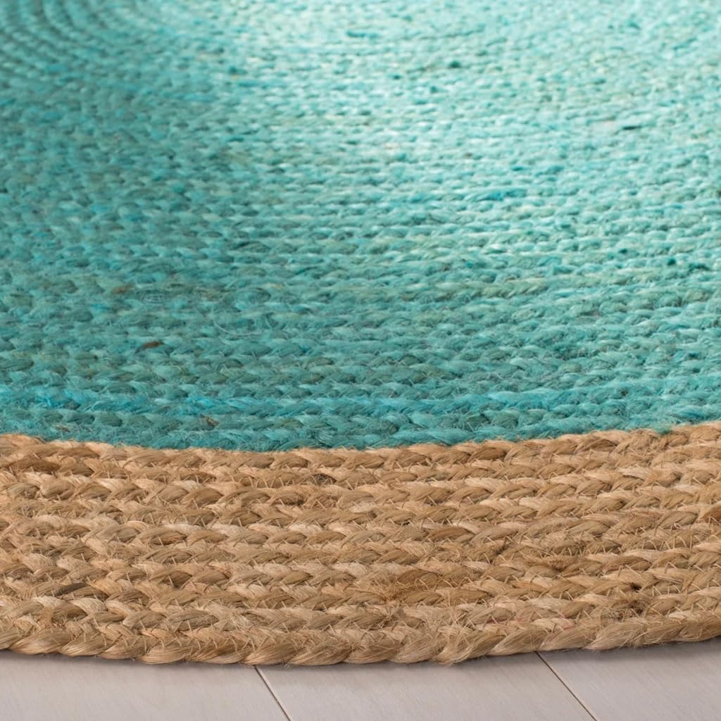 Turquoise Round Braided Jute Rug - Handmade Natural Border Area Rug