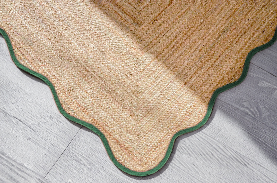 Handwoven Natural Jute Scalloped Rug with Green Braided Handmade Area Rug