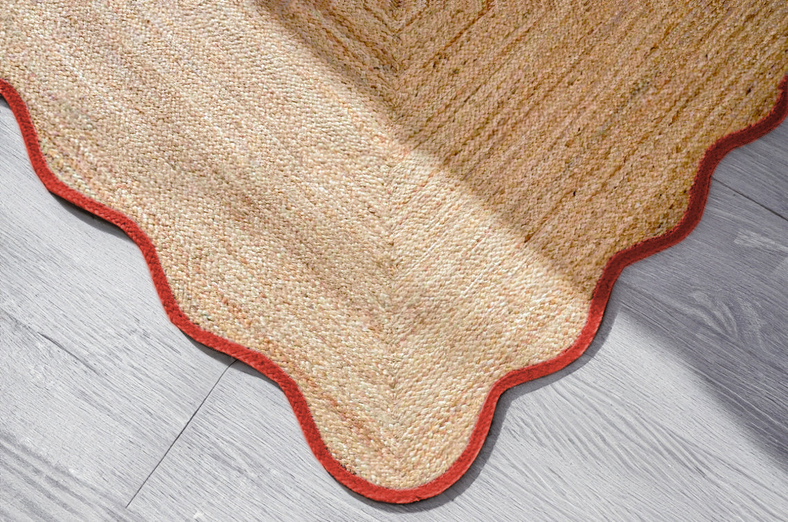 Handwoven Natural Jute Rug With Terracotta Scalloped Border Handmade Boho Area Rug
