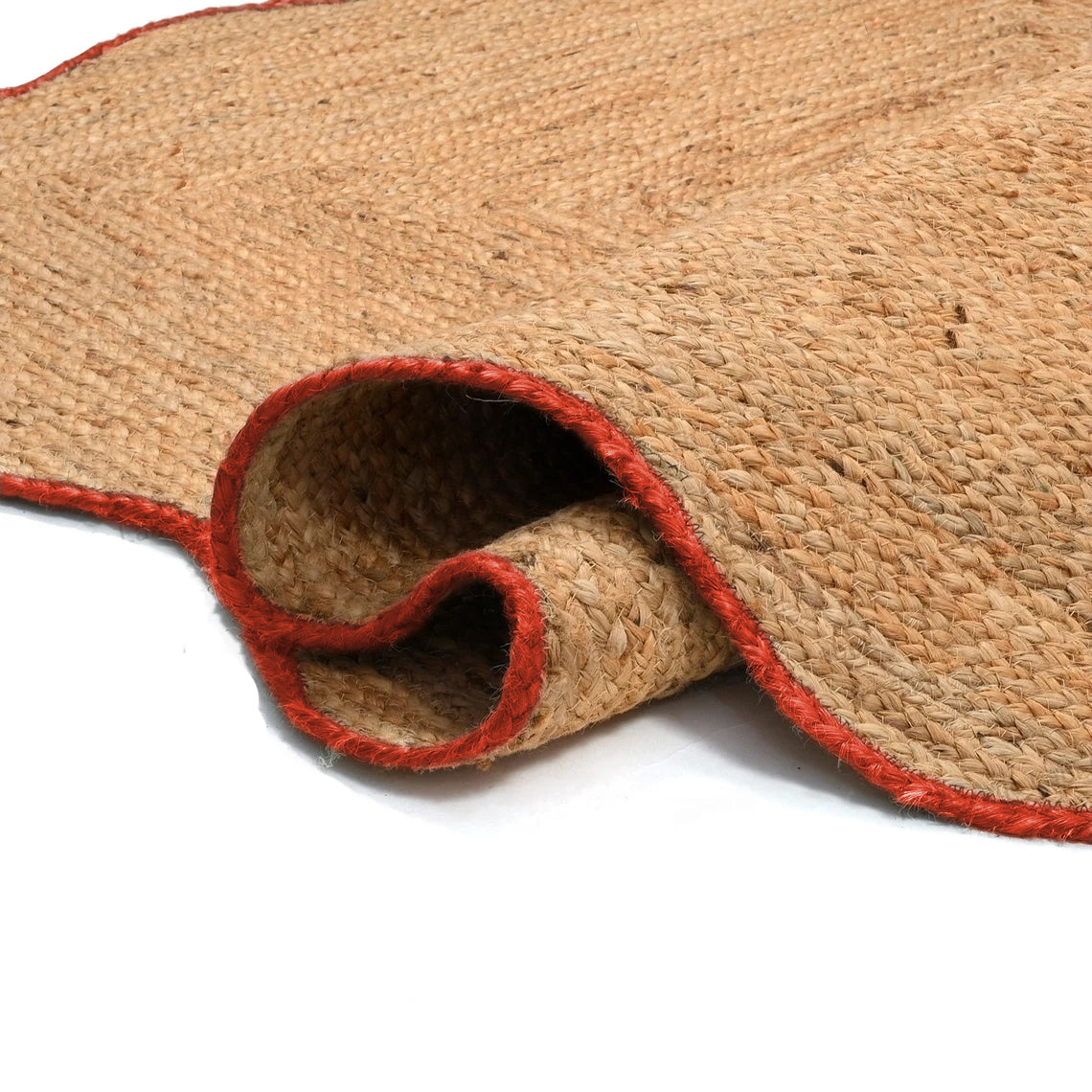 Handwoven Natural Jute Rug With Terracotta Scalloped Border Handmade Boho Area Rug