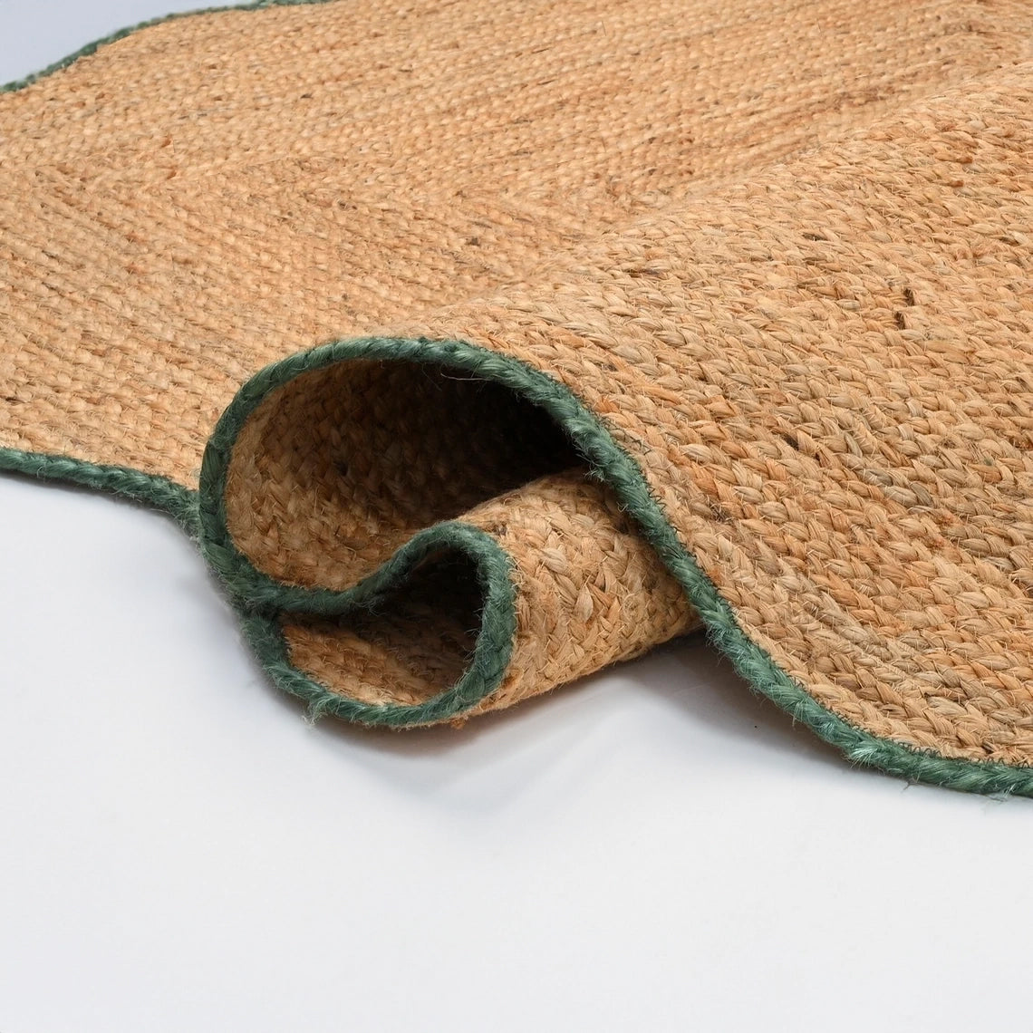 Handwoven Natural Jute Scalloped Rug with Green Braided Handmade Area Rug
