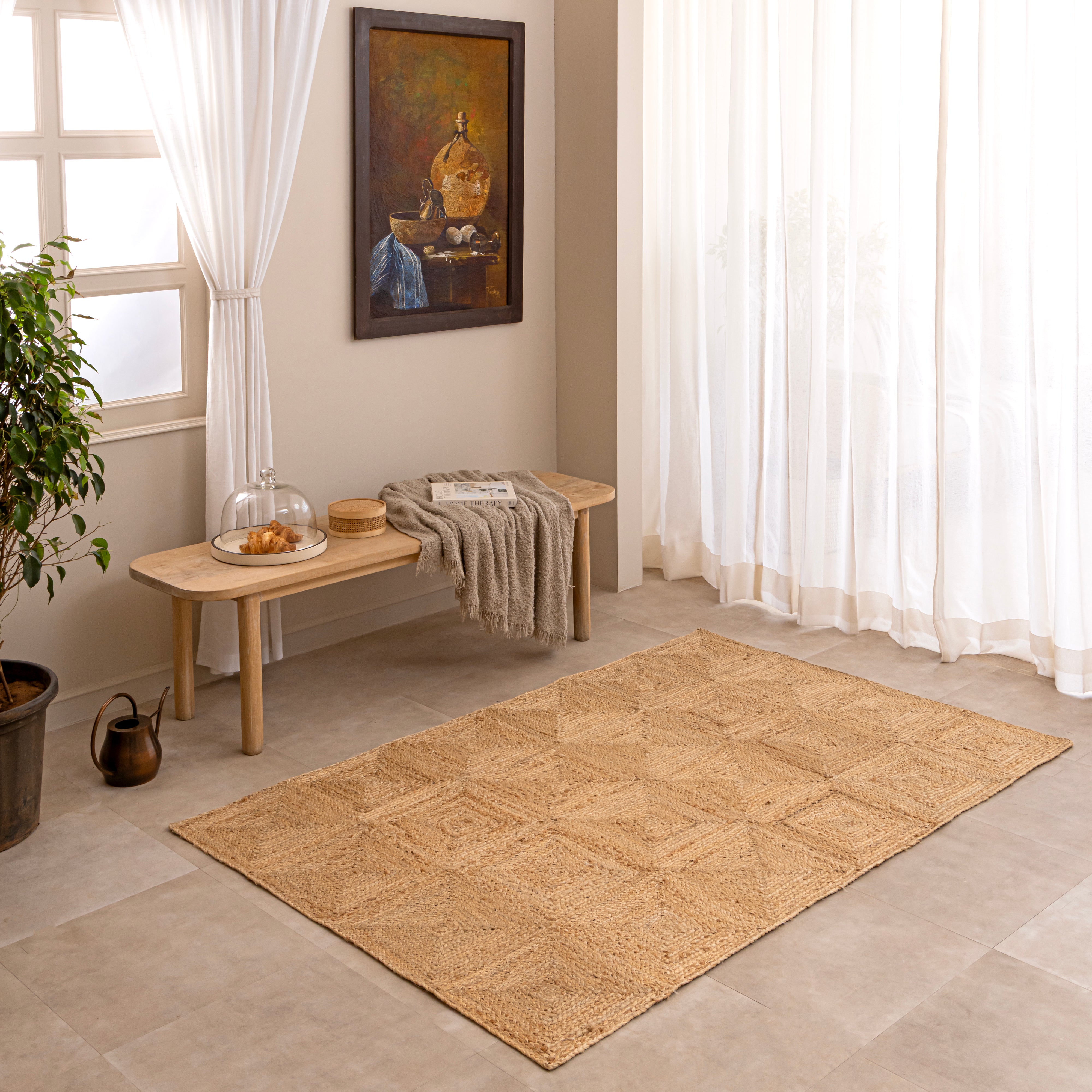 Hand-Woven Natural Jute Area Rug - Geometric Diamond Pattern Braided Floor Mat