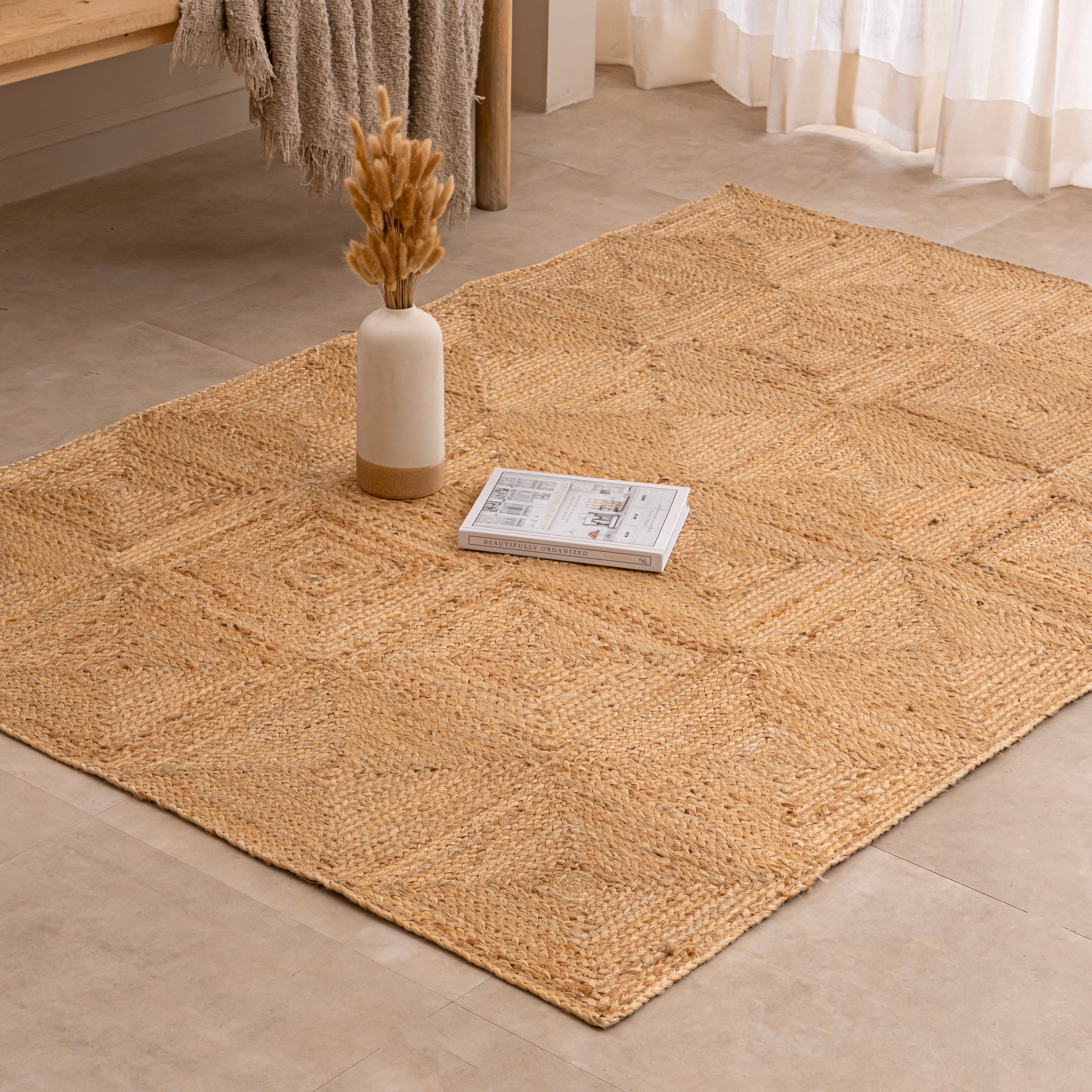 Hand-Woven Natural Jute Area Rug - Geometric Diamond Pattern Braided Floor Mat