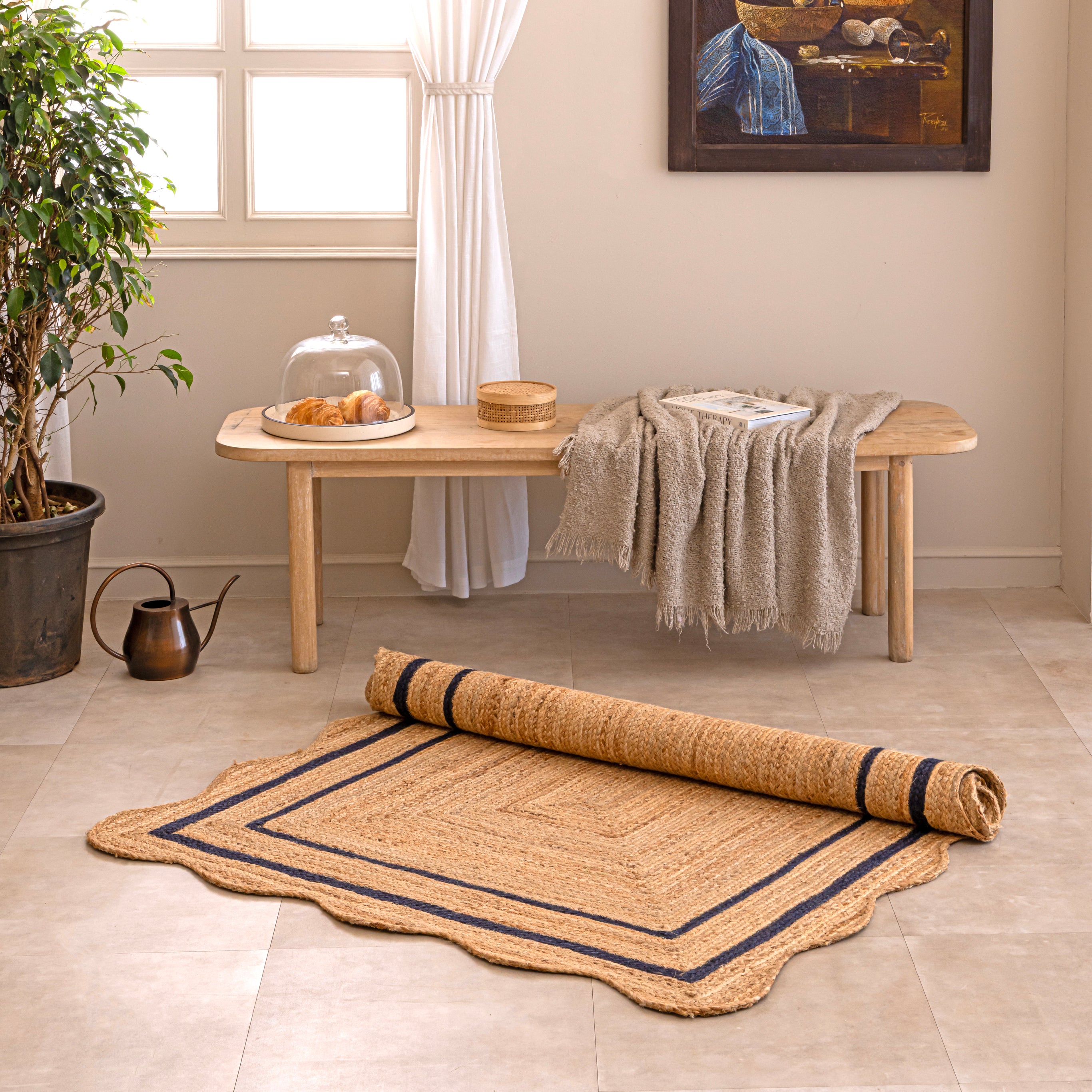 Handwoven Natural Jute Area Rug with Navy Blue Double Striped Border