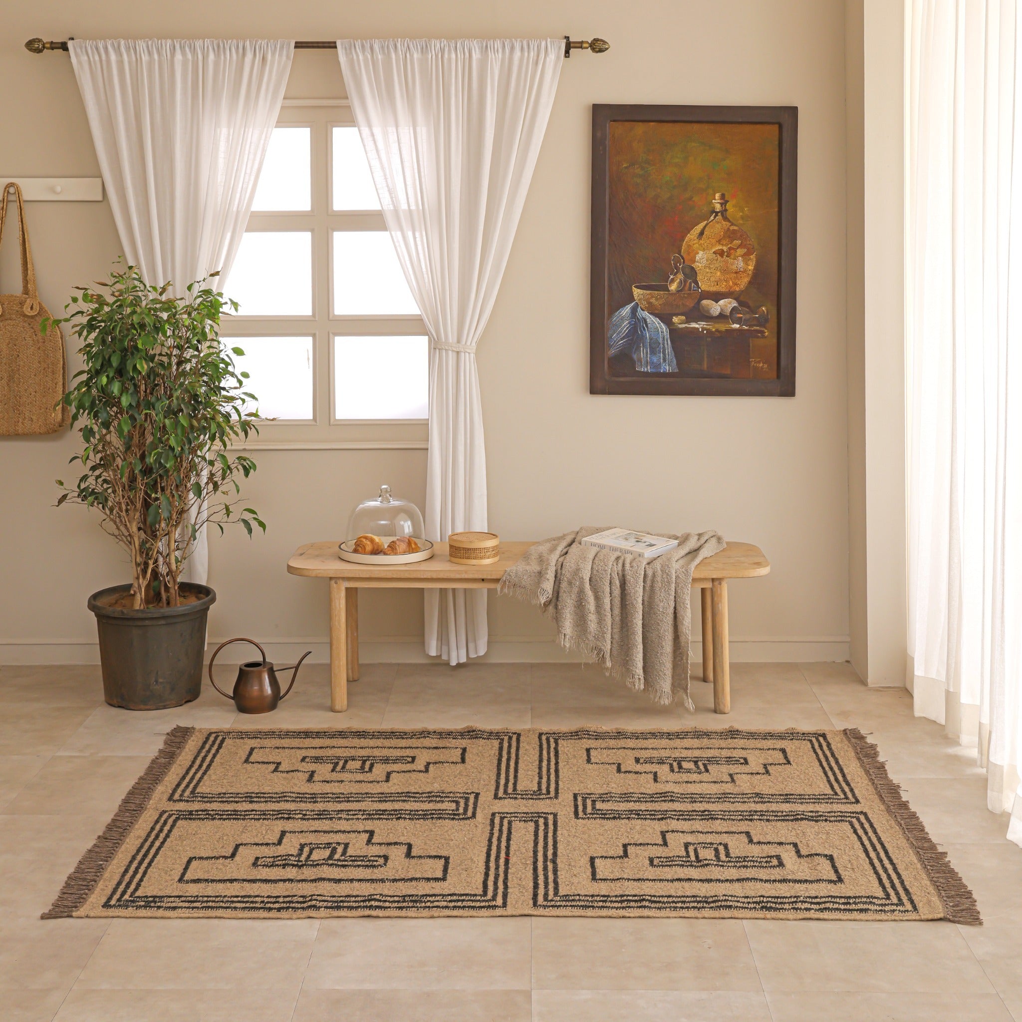 Handwoven Beige & Black Geometric Jute Rug - Tribal Boho Area for Living Room & Bedroom
