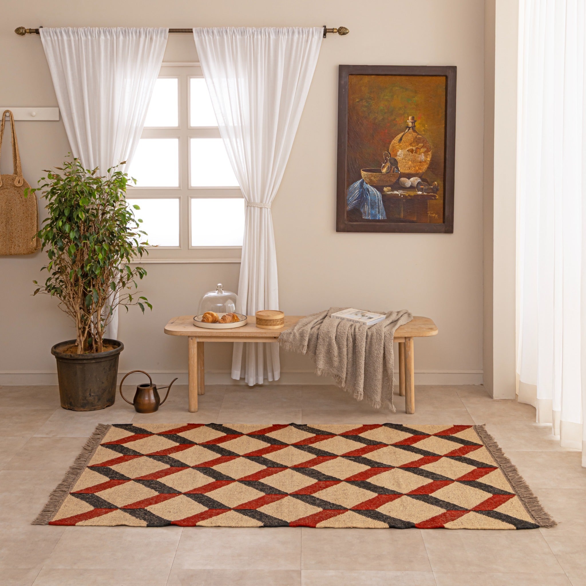 Geometric Diamond Flatweave Jute Area Rug Red, Black , and Beige Accent Carpet