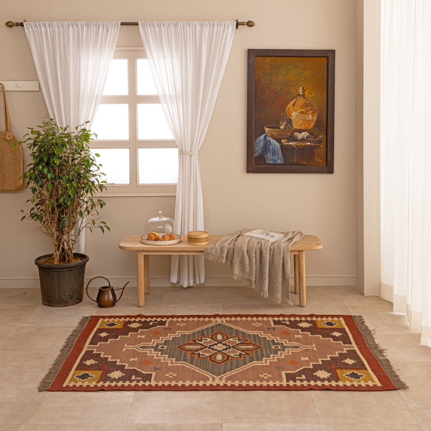 Handmade Cozy Rustic Home Interior with Traditional Patterned Area Rug