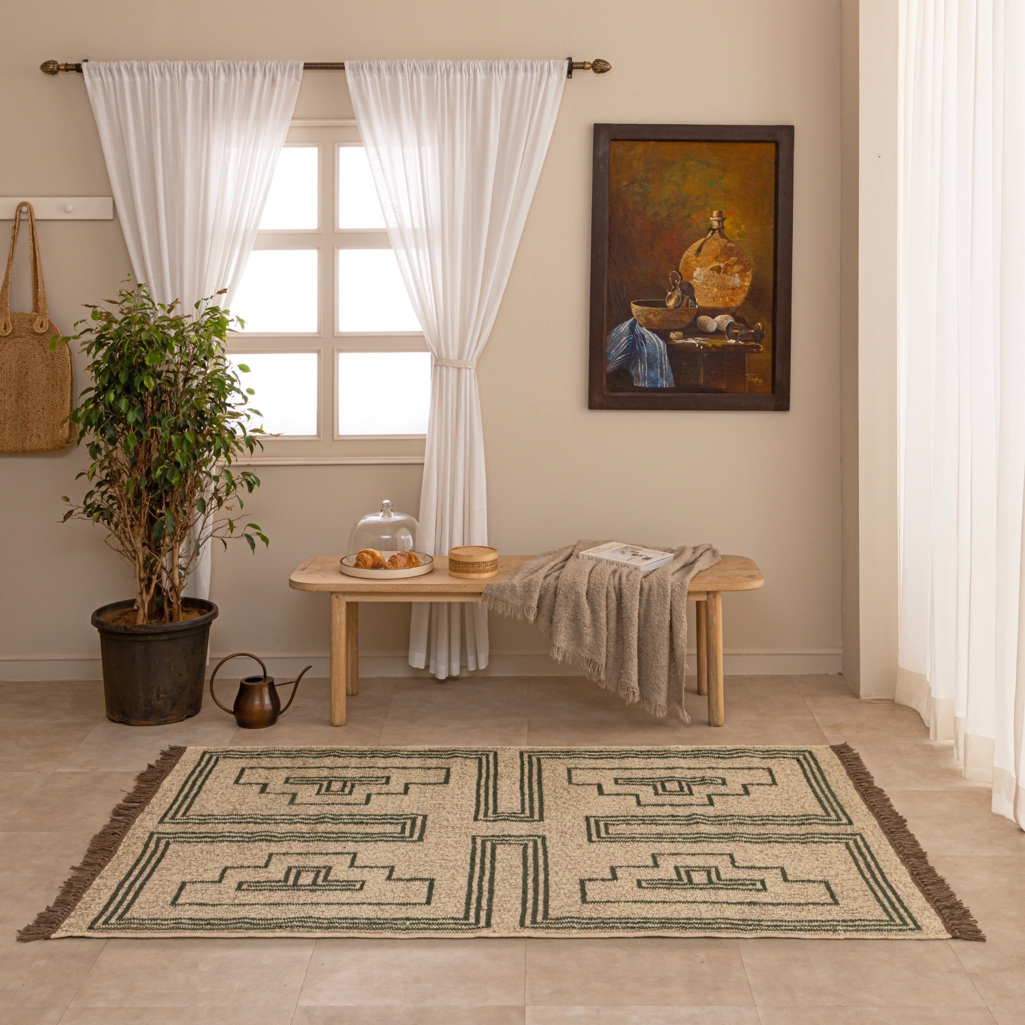 Handwoven Green Geometric Jute Rug Boho Southwestern Area Rug Natural Fiber Kilim Rug