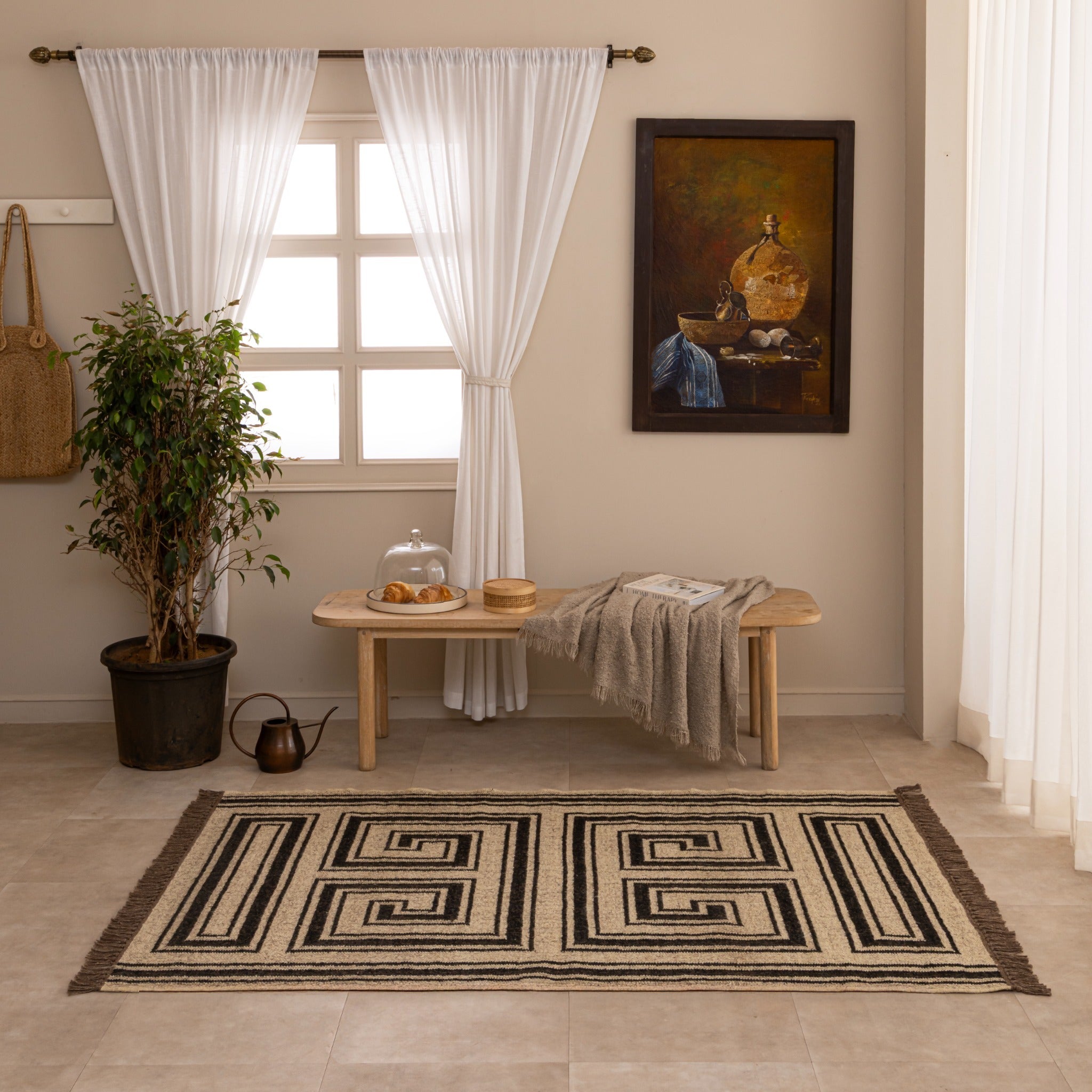 Modern Geometric Flat-Weave Area Rug | Handwoven Greek Key Motifs & Natural Beige Earthy Tones