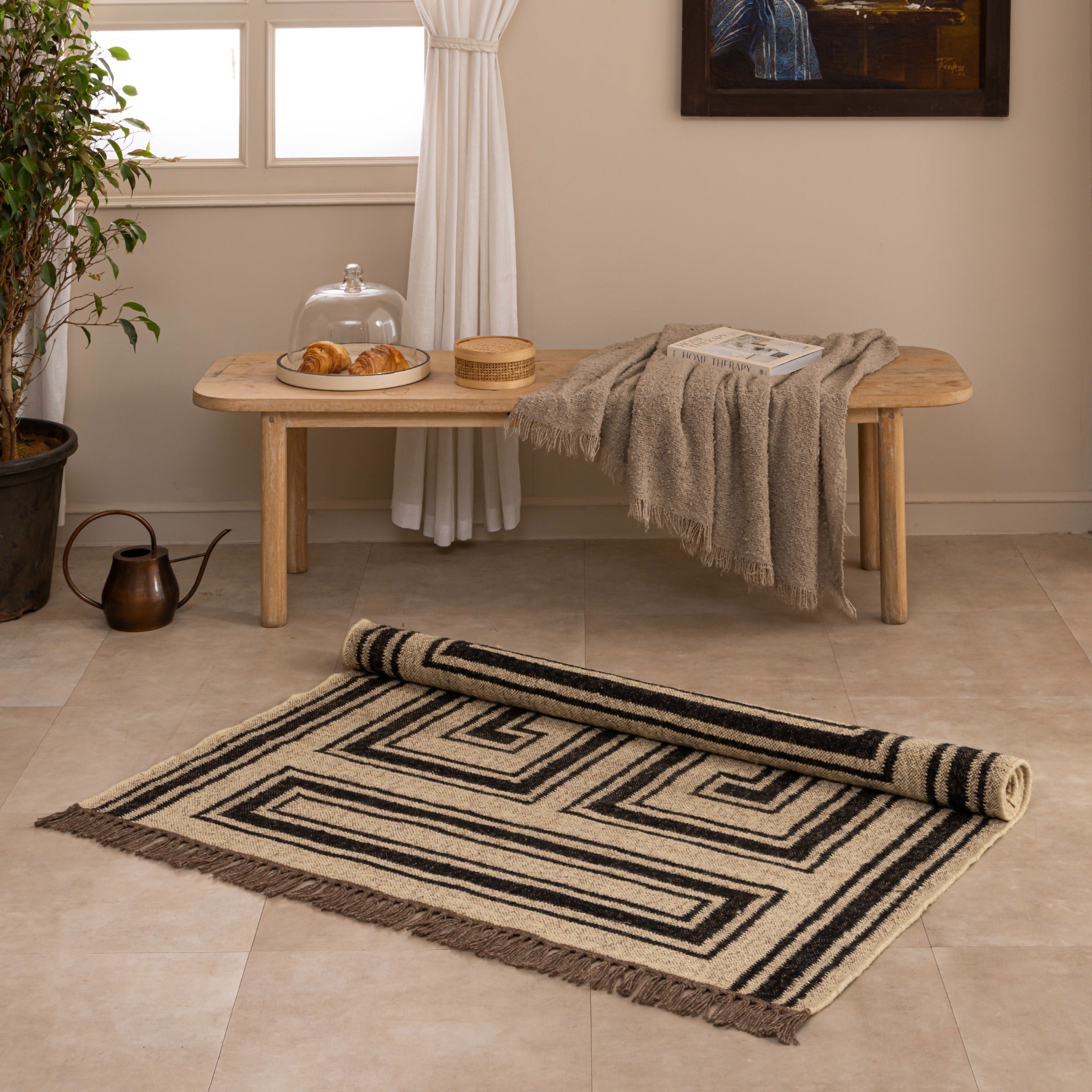 Modern Geometric Flat-Weave Area Rug | Handwoven Greek Key Motifs & Natural Beige Earthy Tones