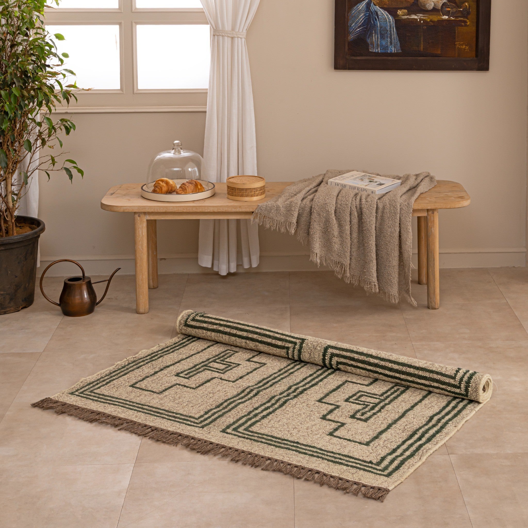 Handwoven Green Geometric Jute Rug Boho Southwestern Area Rug Natural Fiber Kilim Rug
