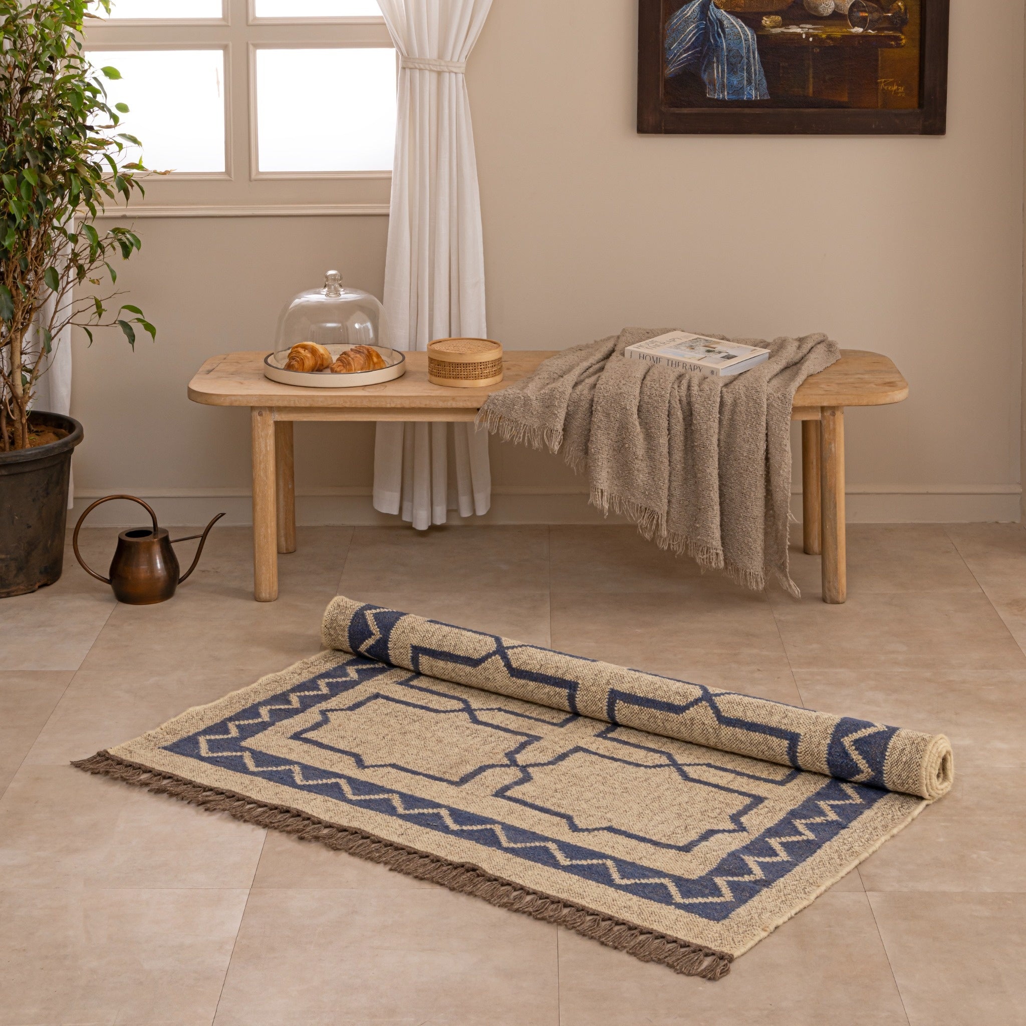 Handmade Blue & Beige Jute Rug - Geometric Moroccan Style Area Rug