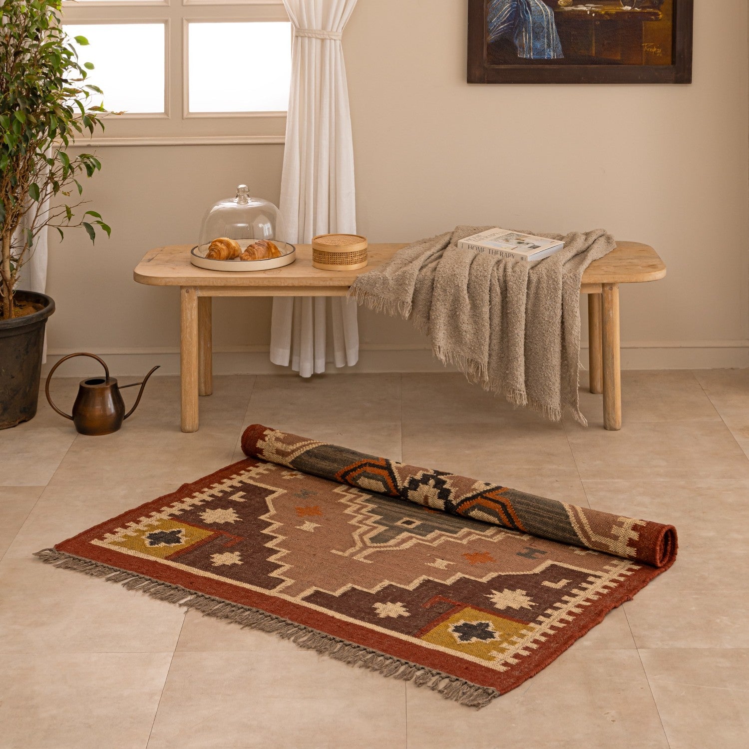 Handmade Cozy Rustic Home Interior with Traditional Patterned Area Rug