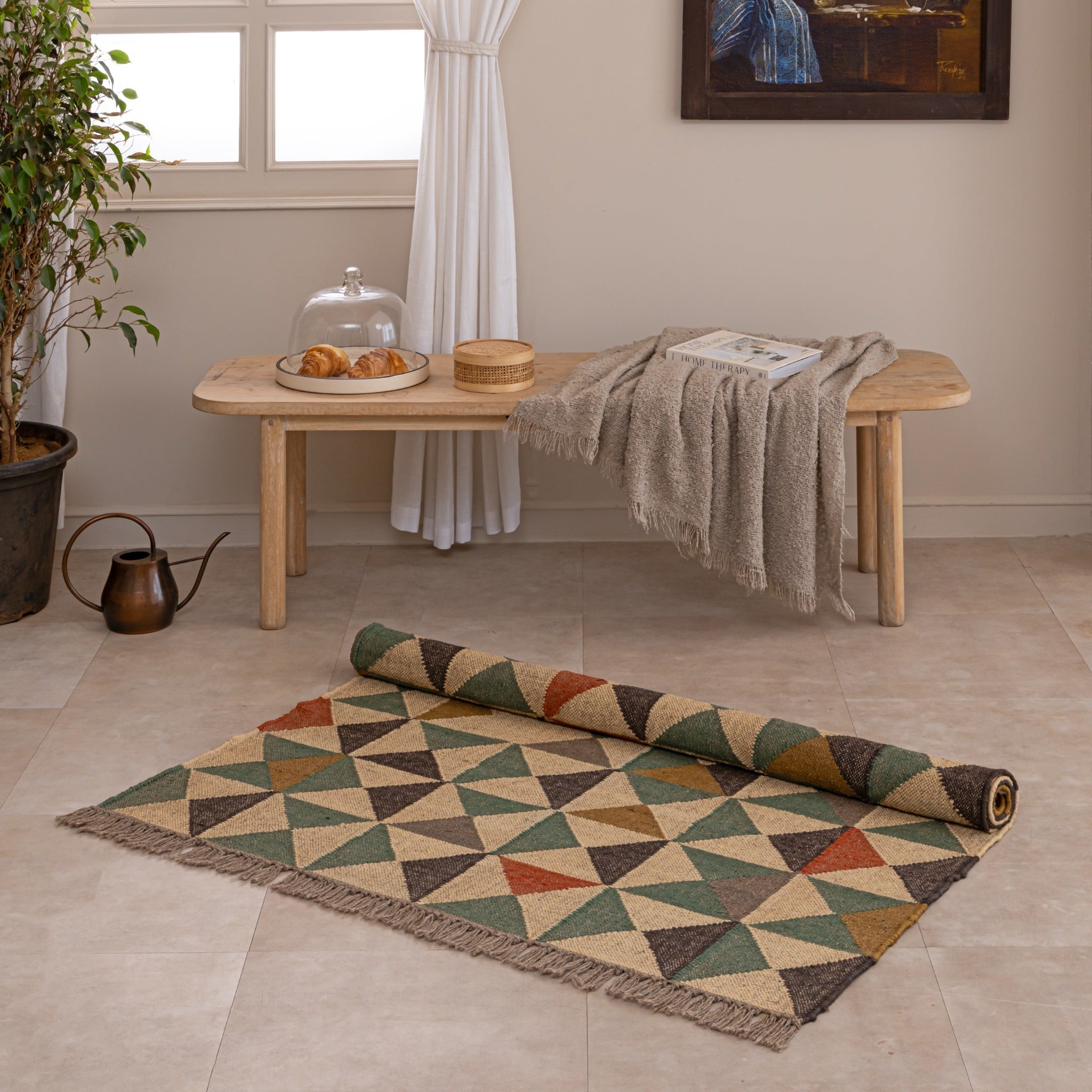 Handmade Geometric Jute Rug - Boho Tribal  Flatweave Area Rug with Fringe