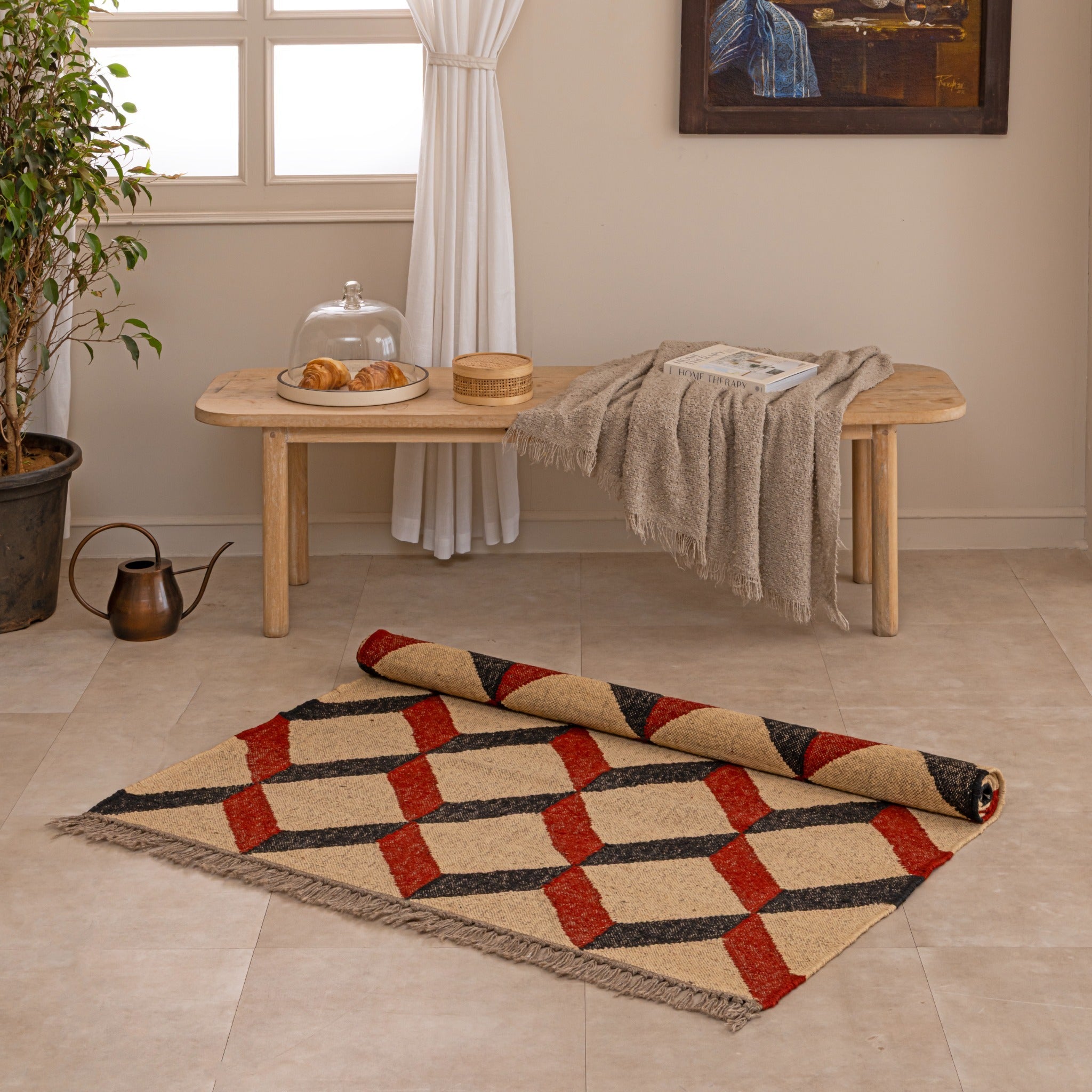 Geometric Diamond Flatweave Jute Area Rug Red, Black , and Beige Accent Carpet