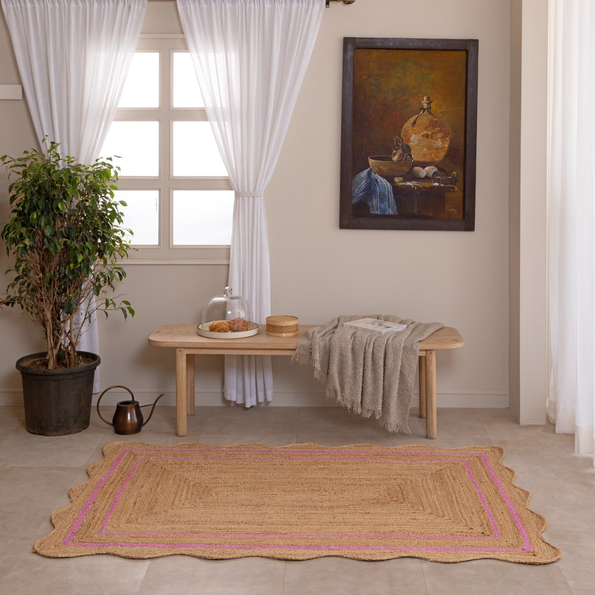 Handmade Jute Rug with Pink Border - Natural Boho Area Rug