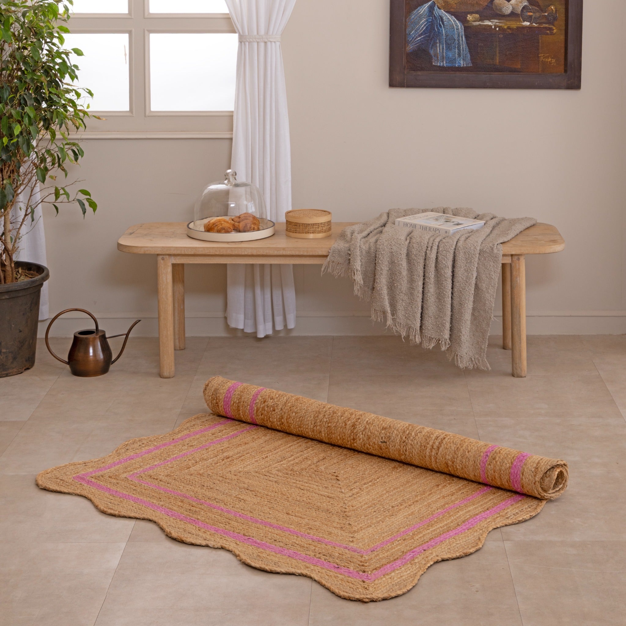 Handmade Jute Rug with Pink Border - Natural Boho Area Rug