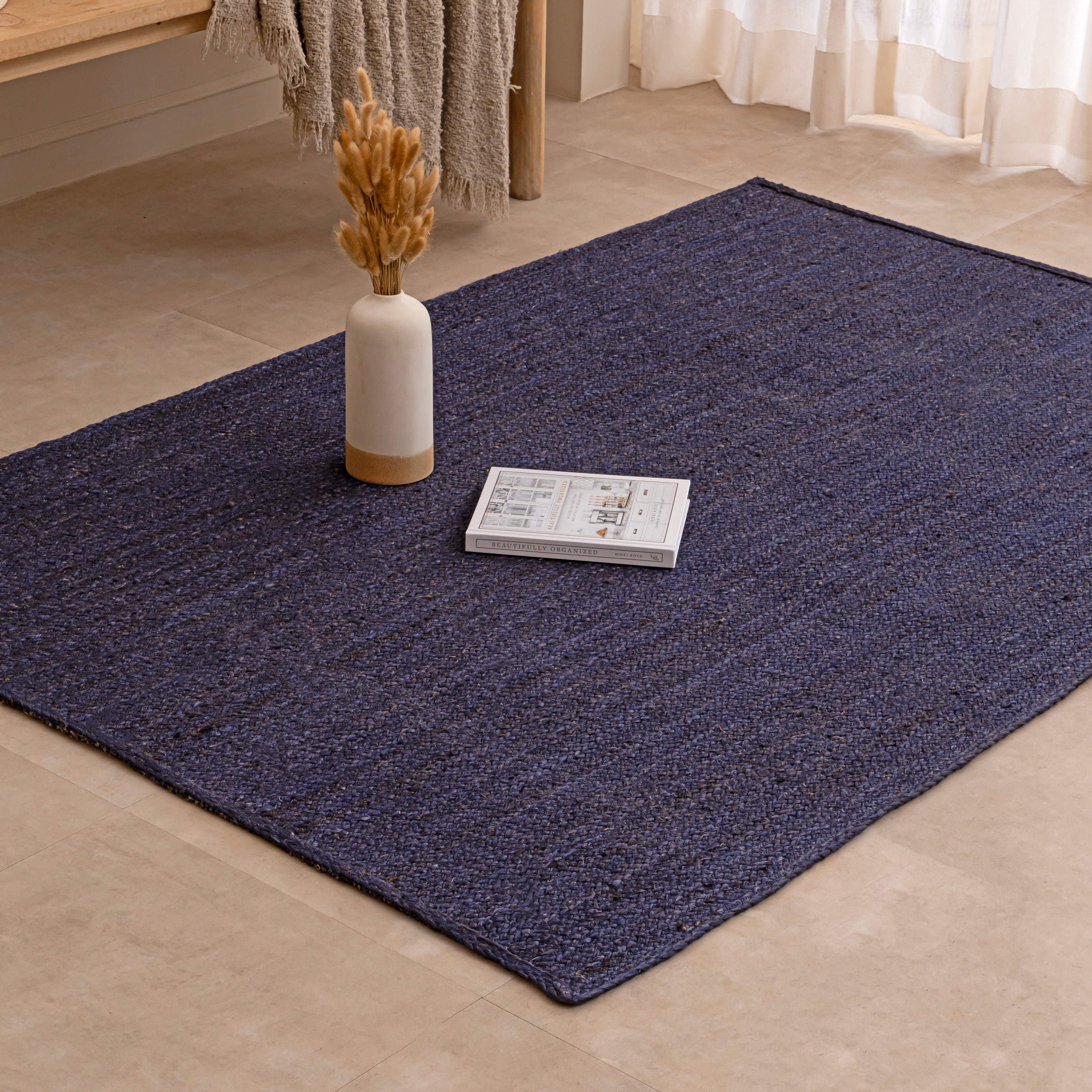 Deep Blue Braided Jute Rug Minimalist Modern Boho Decor Accent